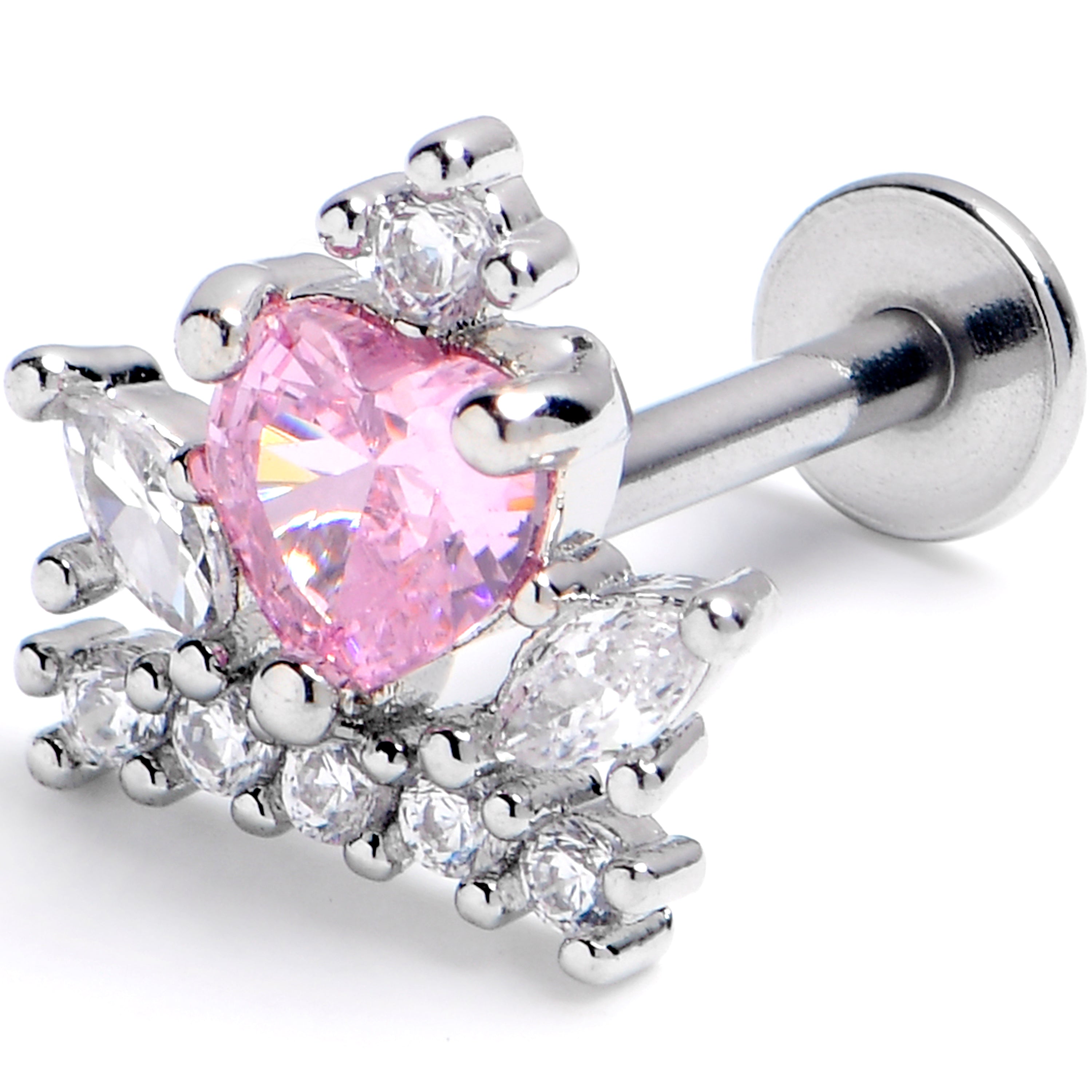 16G 5/16 Pink Clear Gem Heart Crown Labret Monroe Tragus