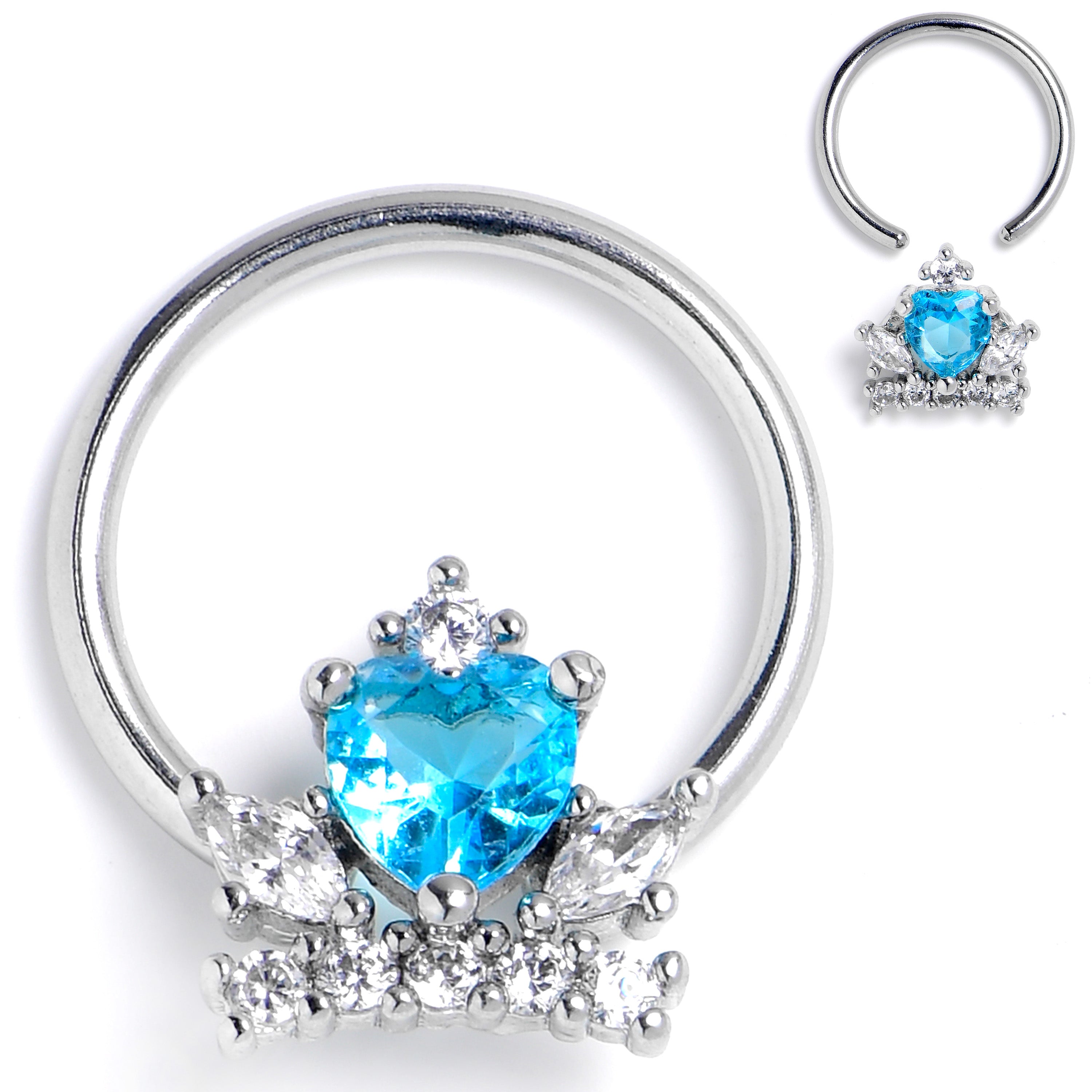16G 3/8 Clear Blue CZ Gem Heart Crown BCR Captive Ring