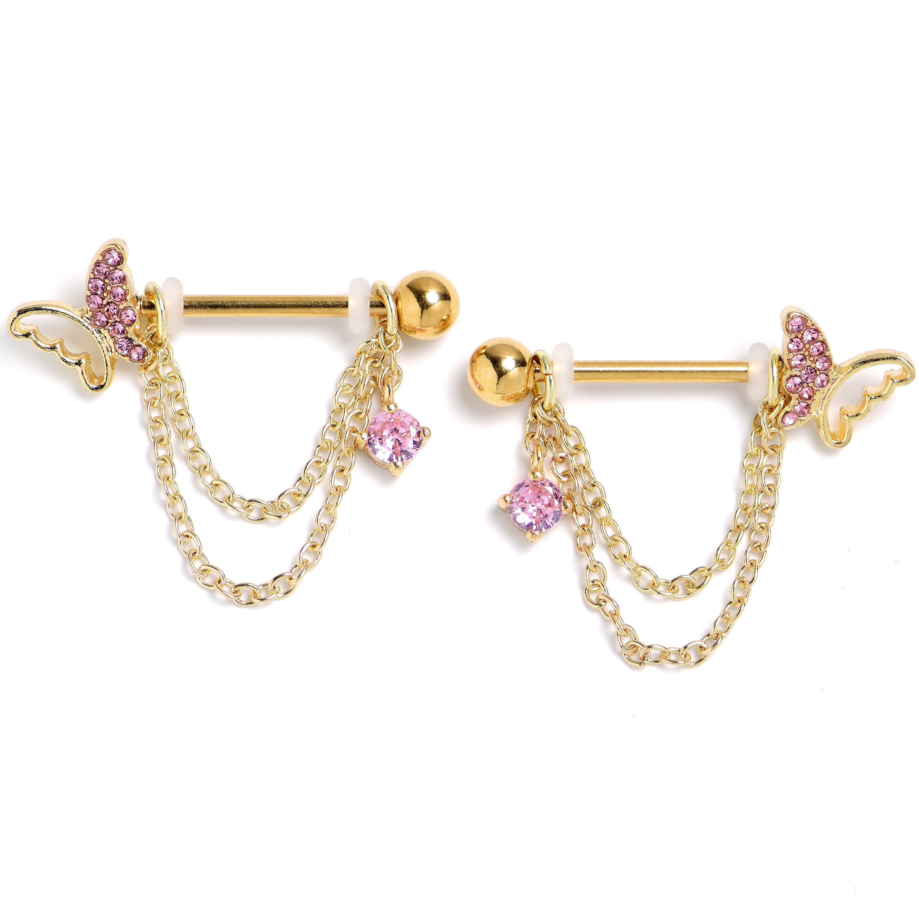 14G 9/16 Pink Gem Gold Tone Butterfly White Dangle Nipple Ring Set