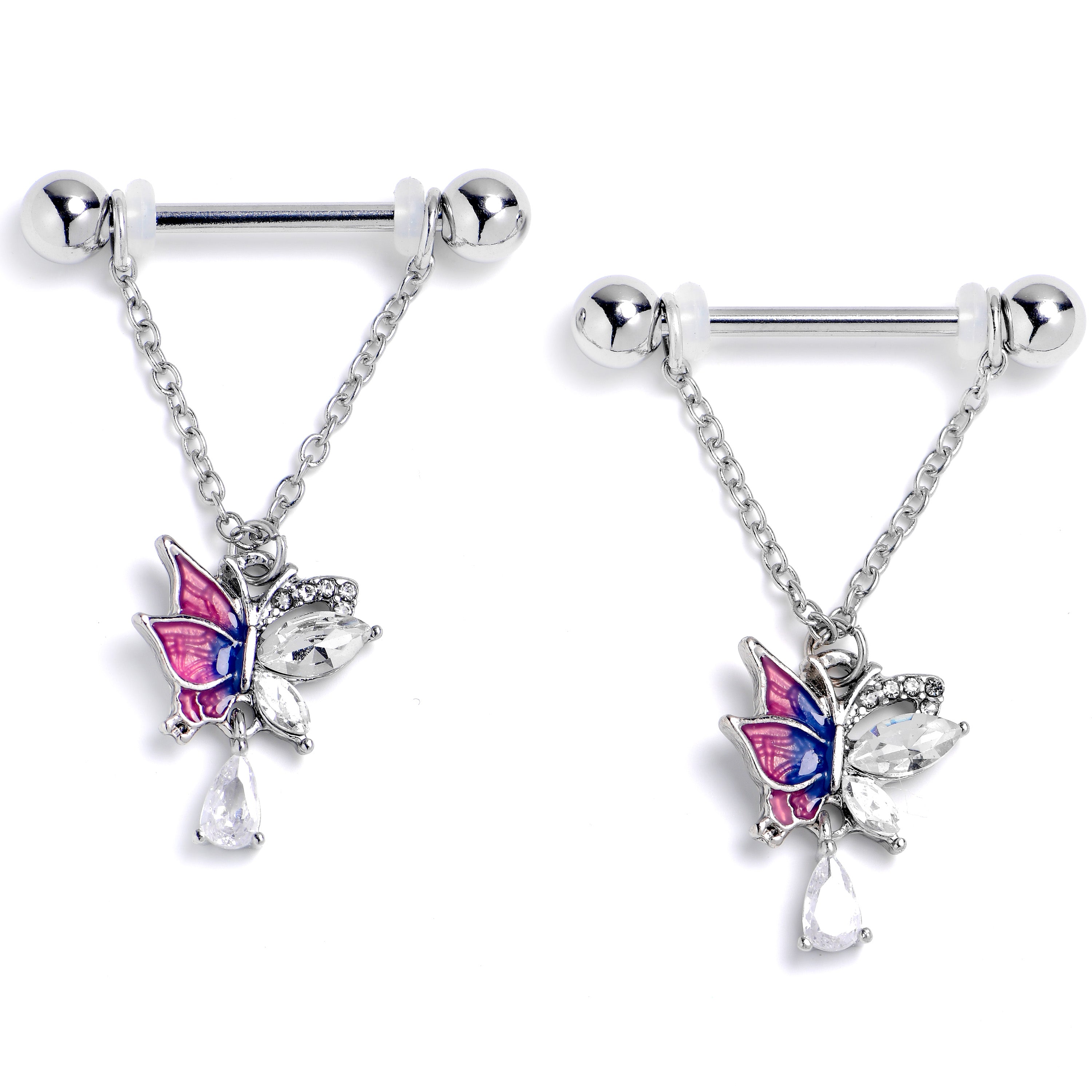 14G 9/16 Clear Gem Dazzling Butterfly Purple Dangle Nipple Ring Set