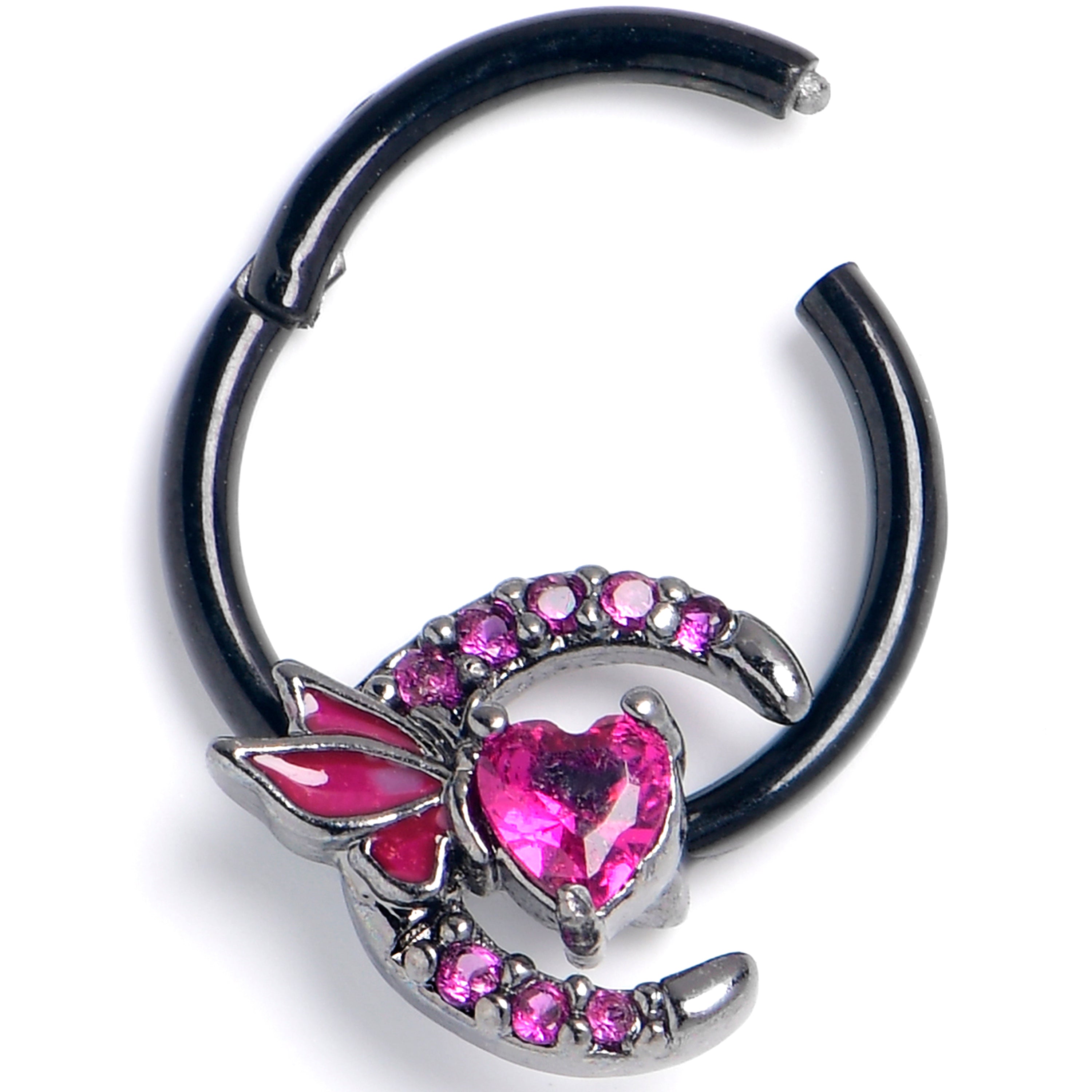 16G 3/8 Pink Gem Black Butterfly Heart Moon Hinged Segment Ring