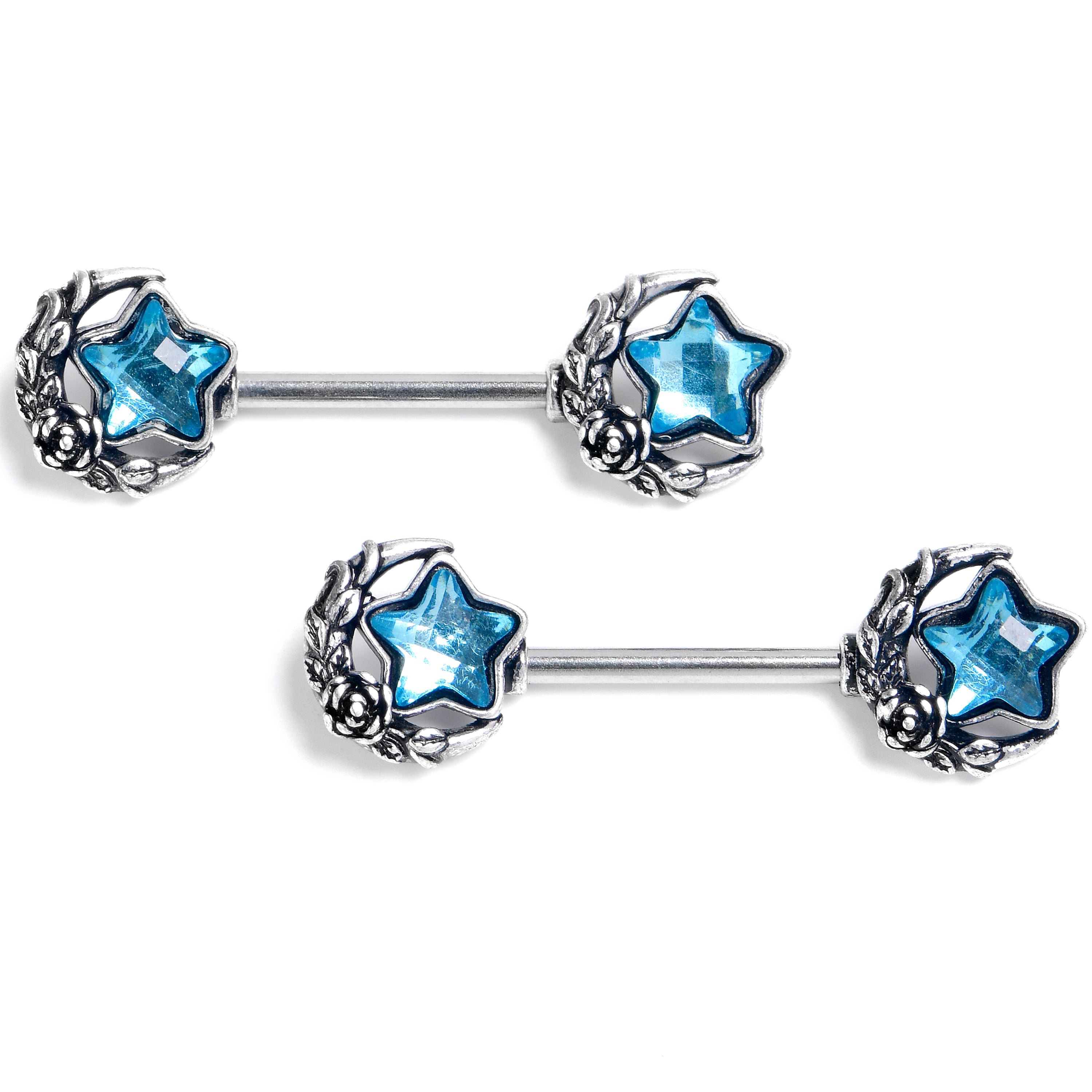 14 Gauge 9/16 Blue Gem Ornate Moon Star Barbell Nipple Ring Set
