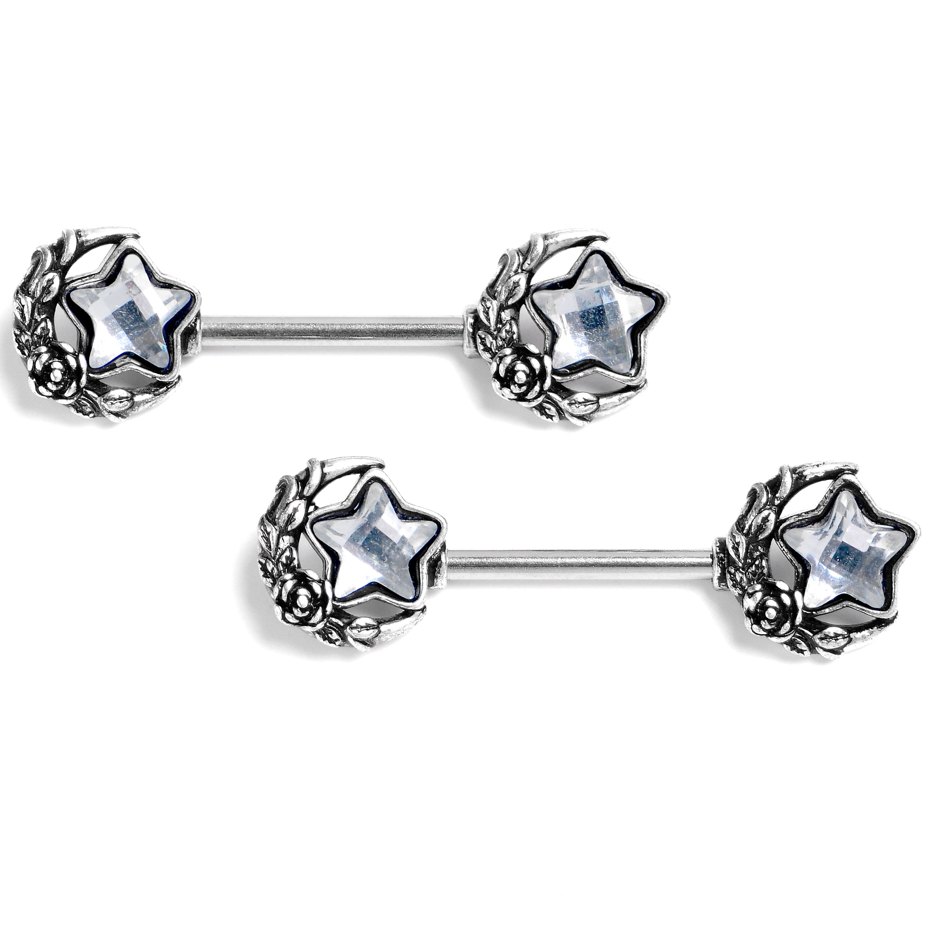 14 Gauge 9/16 Clear Gem Ornate Moon Star Barbell Nipple Ring Set