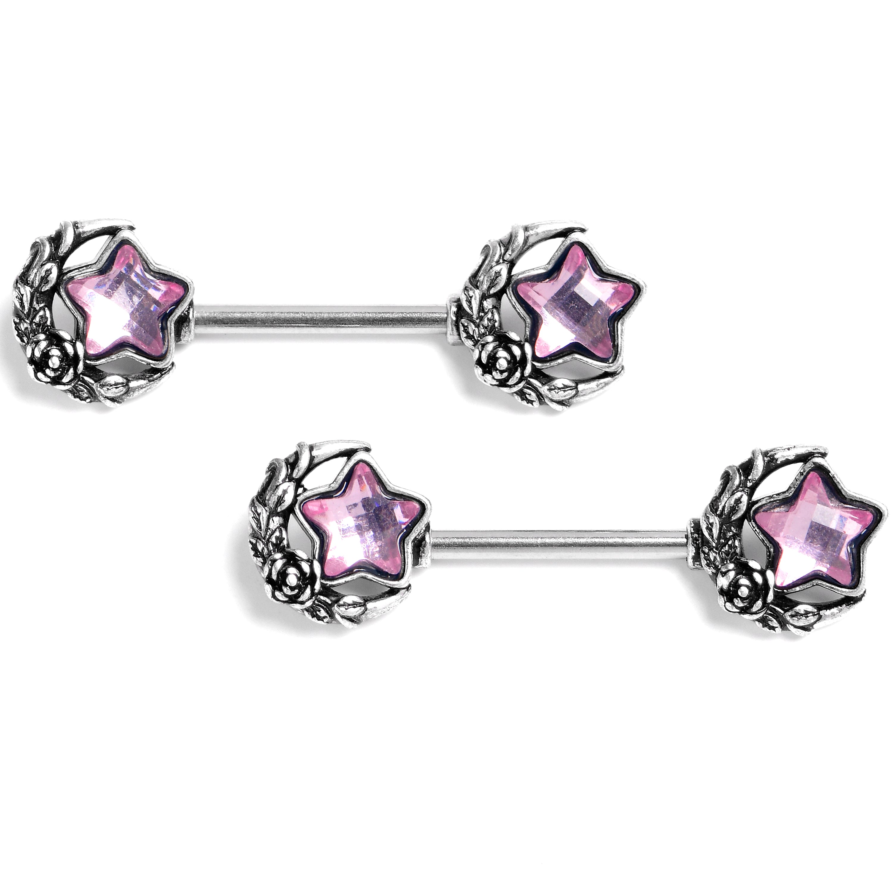14 Gauge 9/16 Pink Gem Ornate Moon Star Barbell Nipple Ring Set