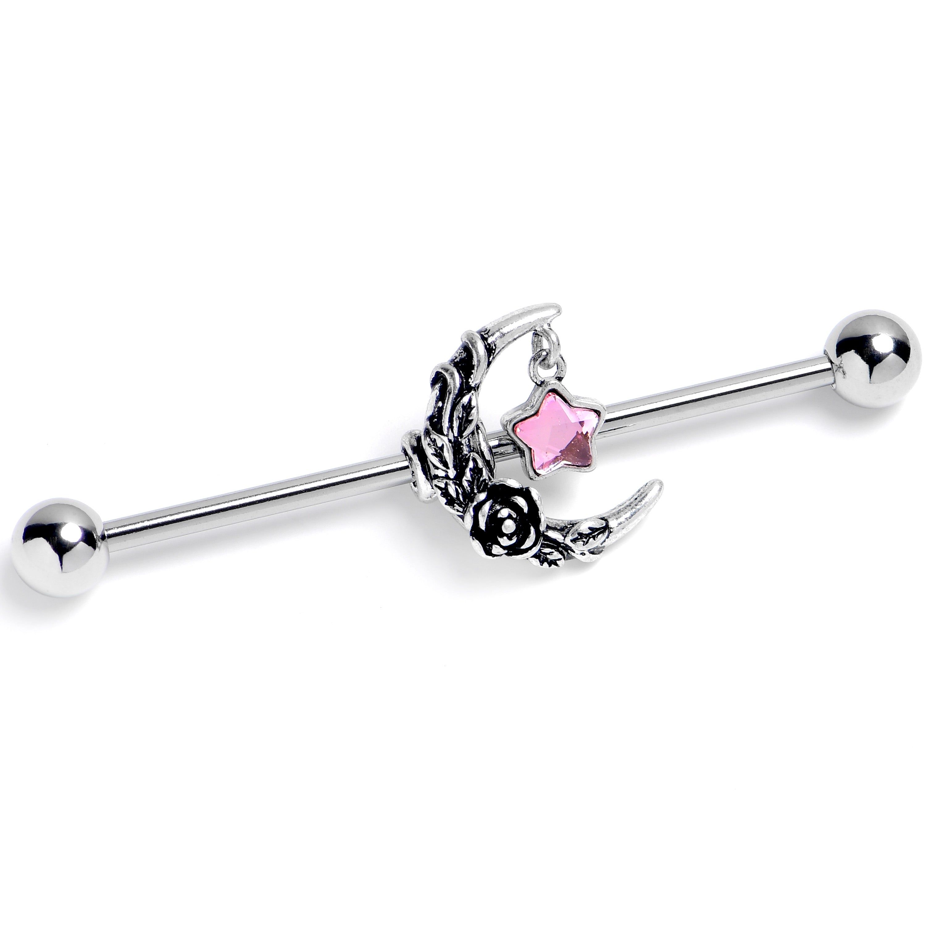 14G Pink Gem Ornate Moon Star Industrial Barbell 38mm