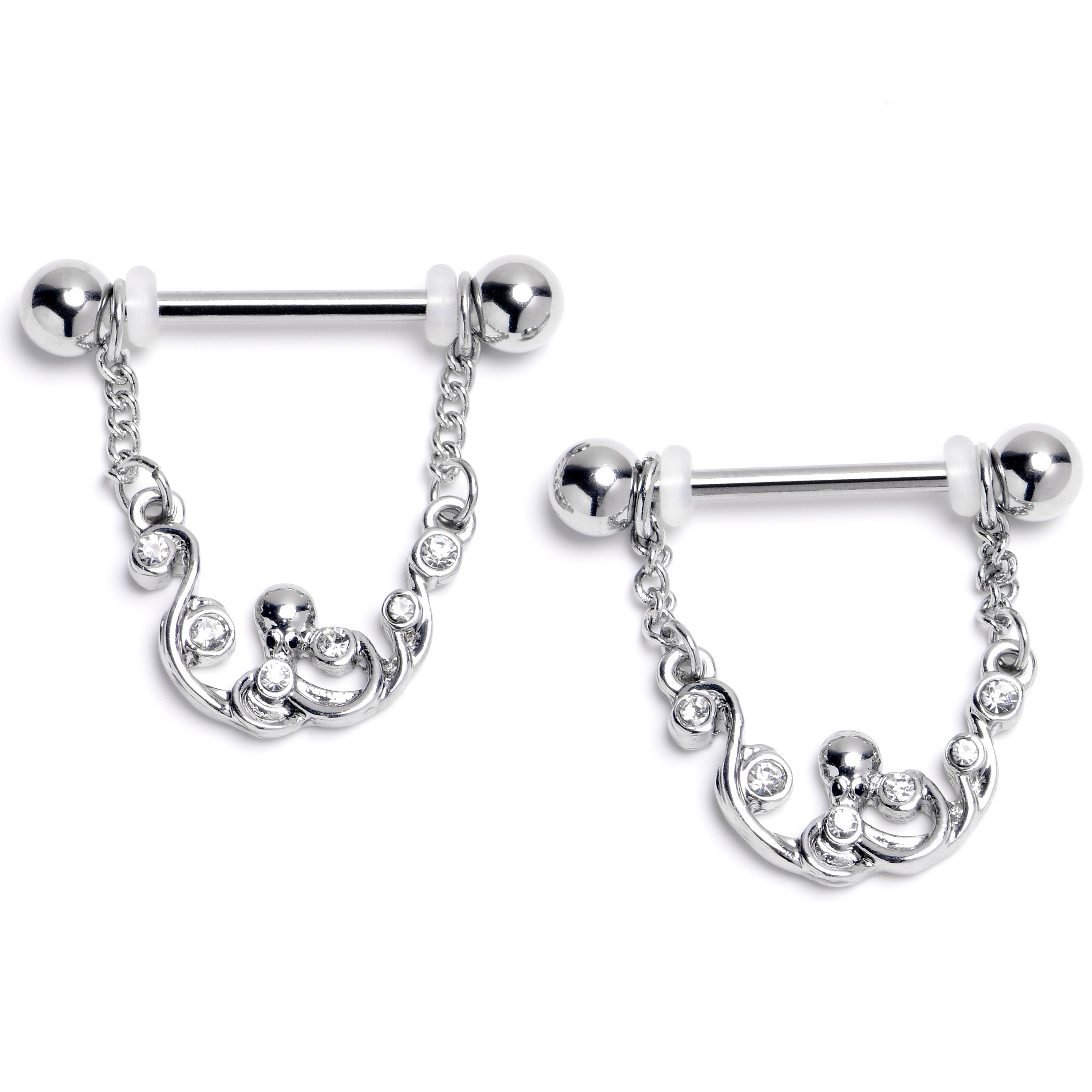 14G 9/16 Clear Gem Scrolling Elegance Dangle Nipple Ring Set