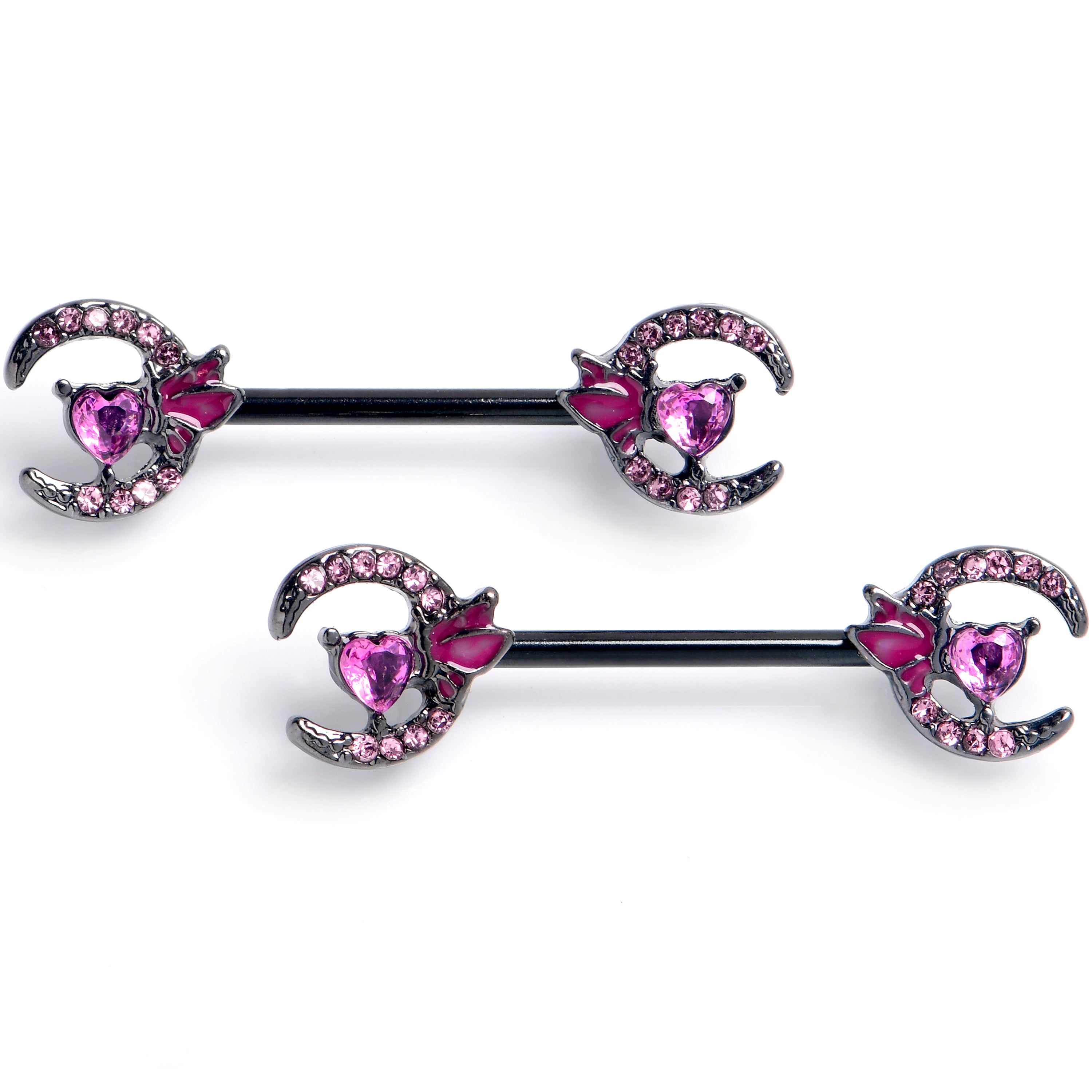 14 Gauge 9/16 Pink Gem Black Butterfly Heart Moon Barbell Nipple Ring Set