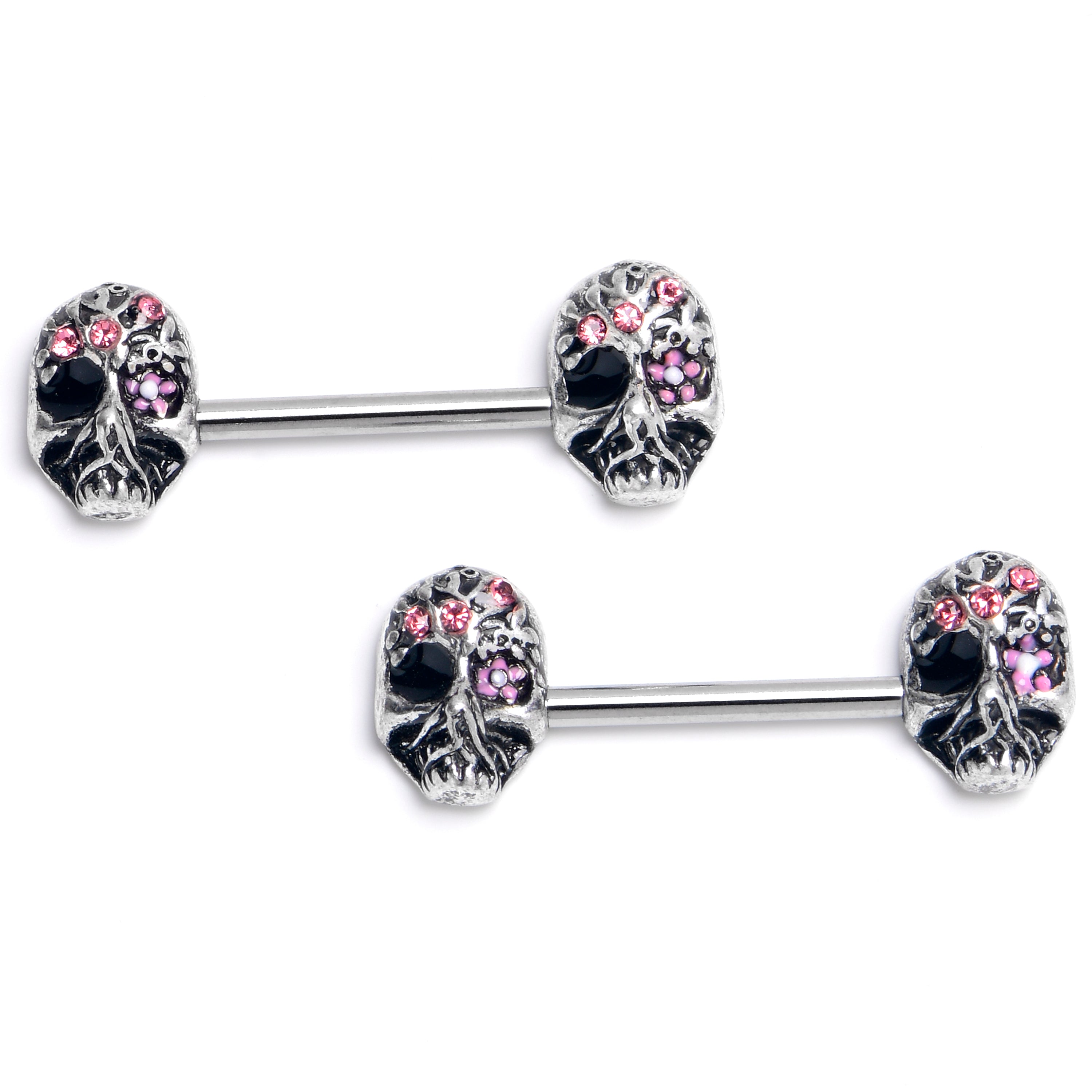 14G 9/16 Pink Black CZ Gem Stylish Skull Barbell Nipple Ring Set