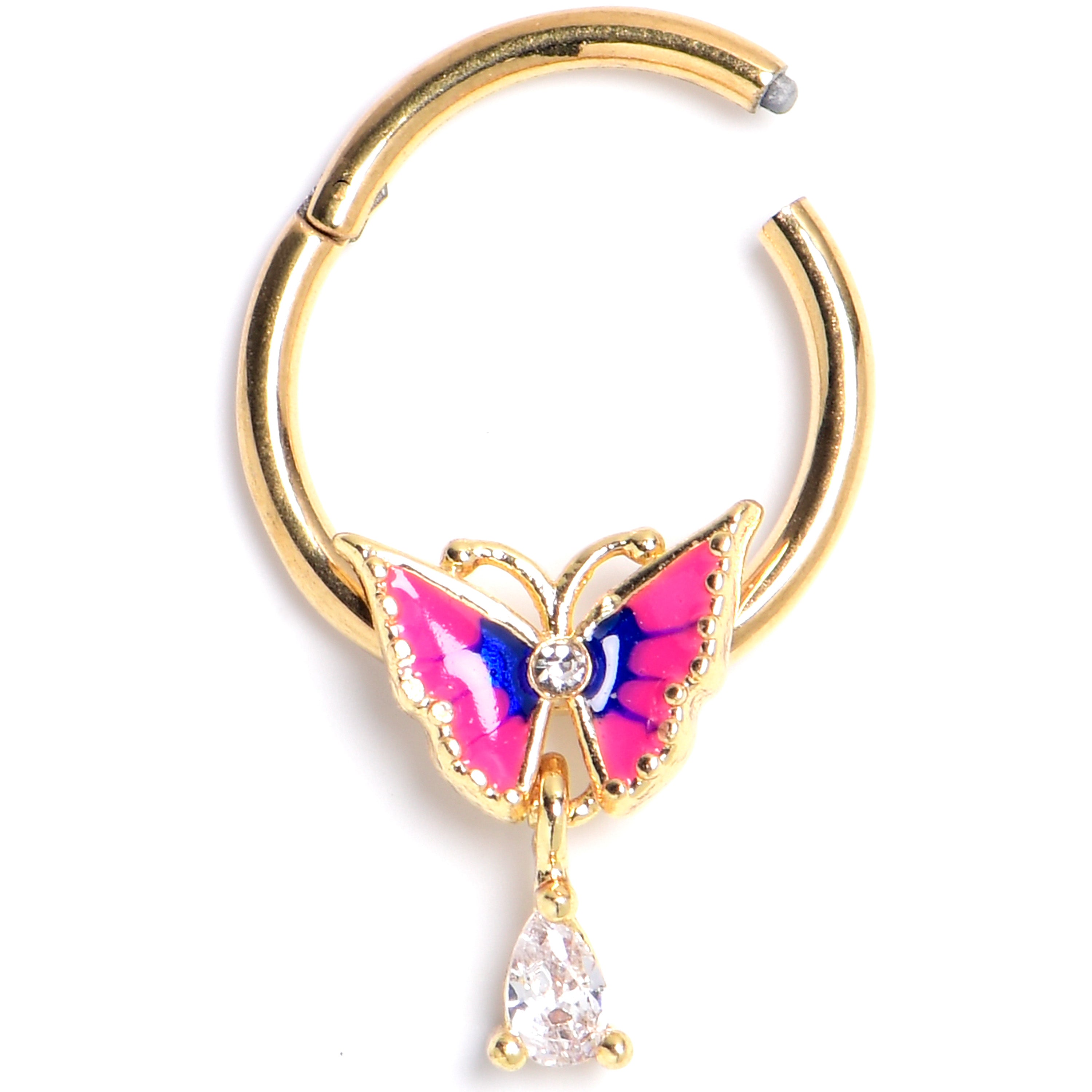 16G 3/8 Clear Gem Gold Tone Butterfly Pink Hinged Segment Ring