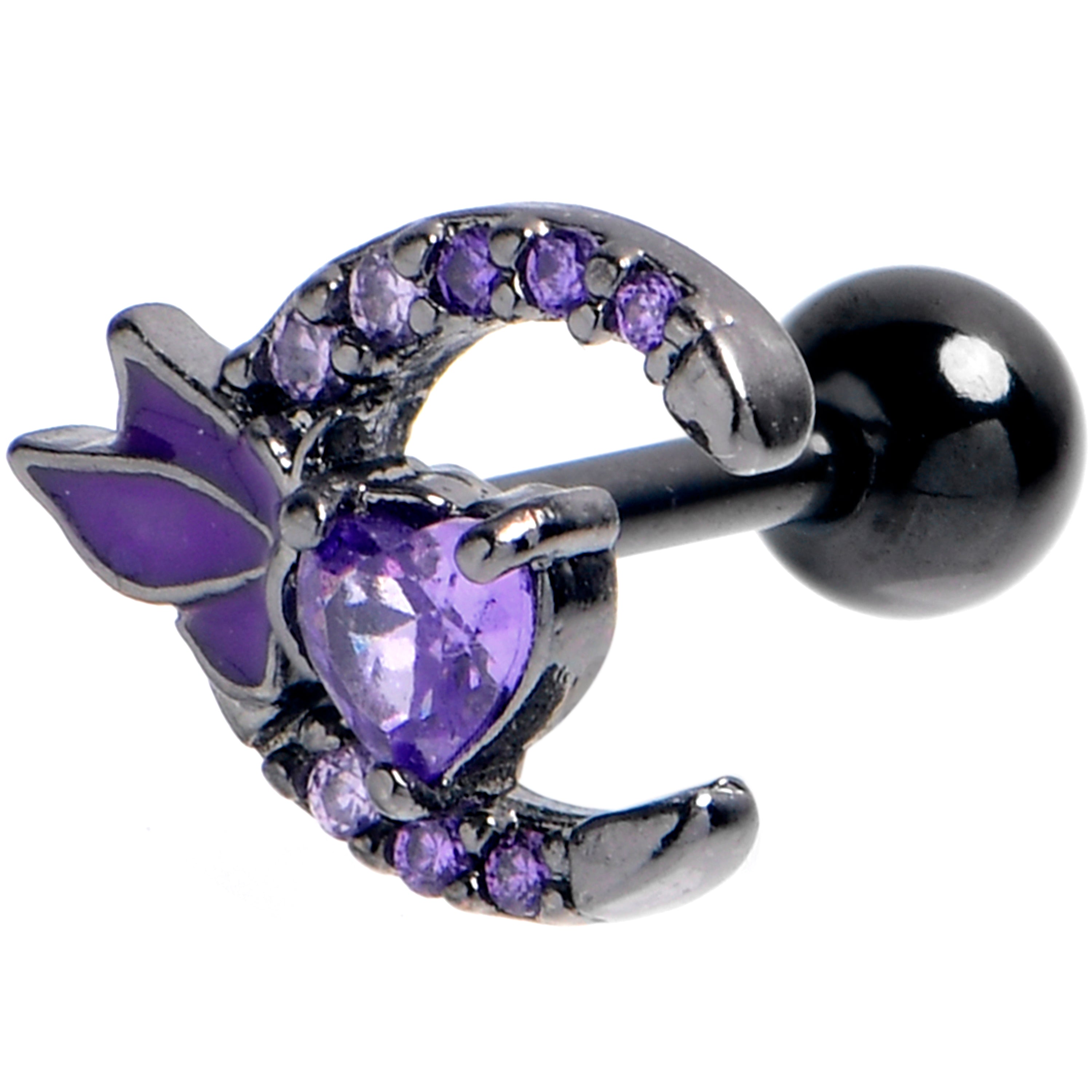 16 Gauge 1/4 Purple Gem Black Butterfly Moon Heart Cartilage Earring