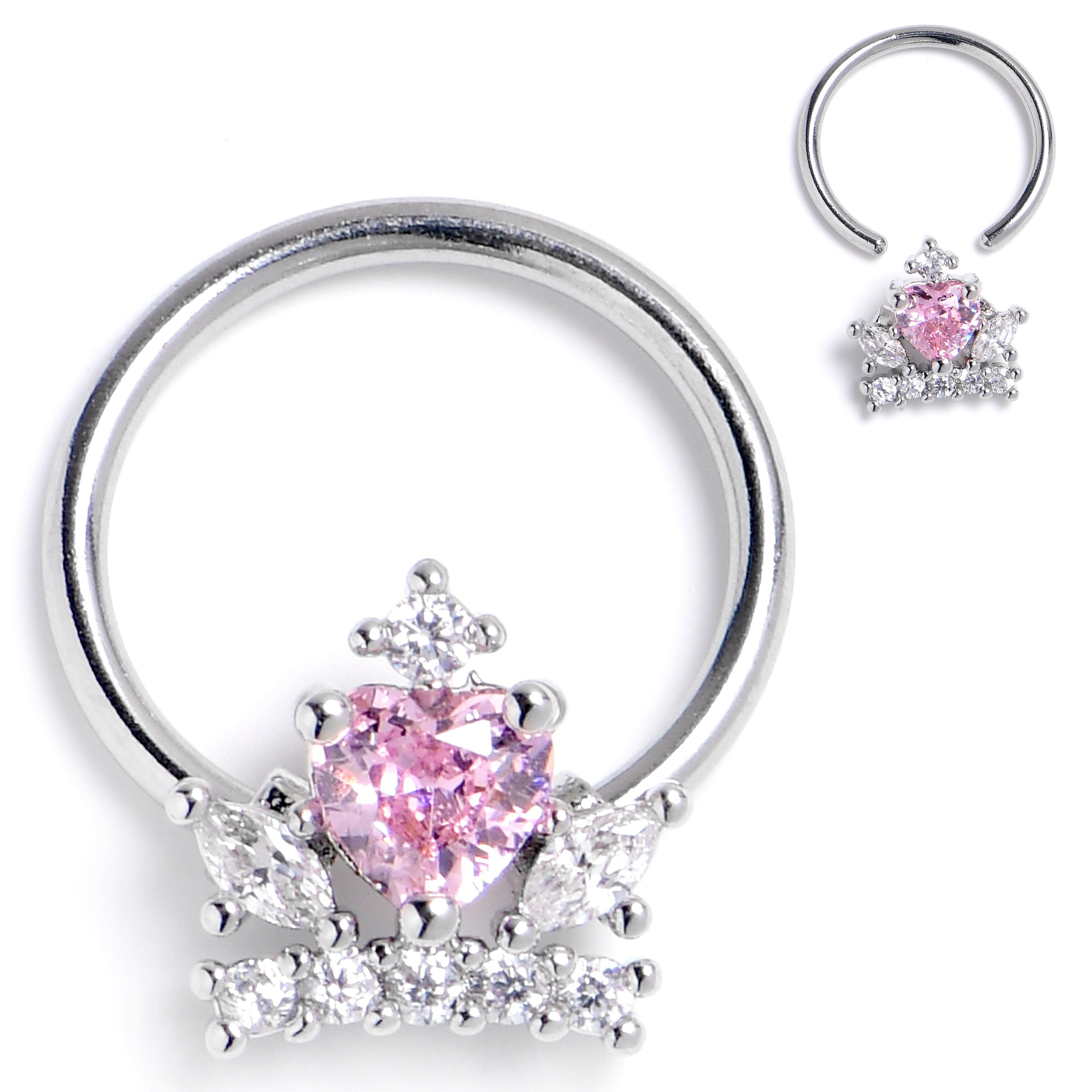 16G 3/8 Clear Pink Gem Crown Heart BCR Captive Ring