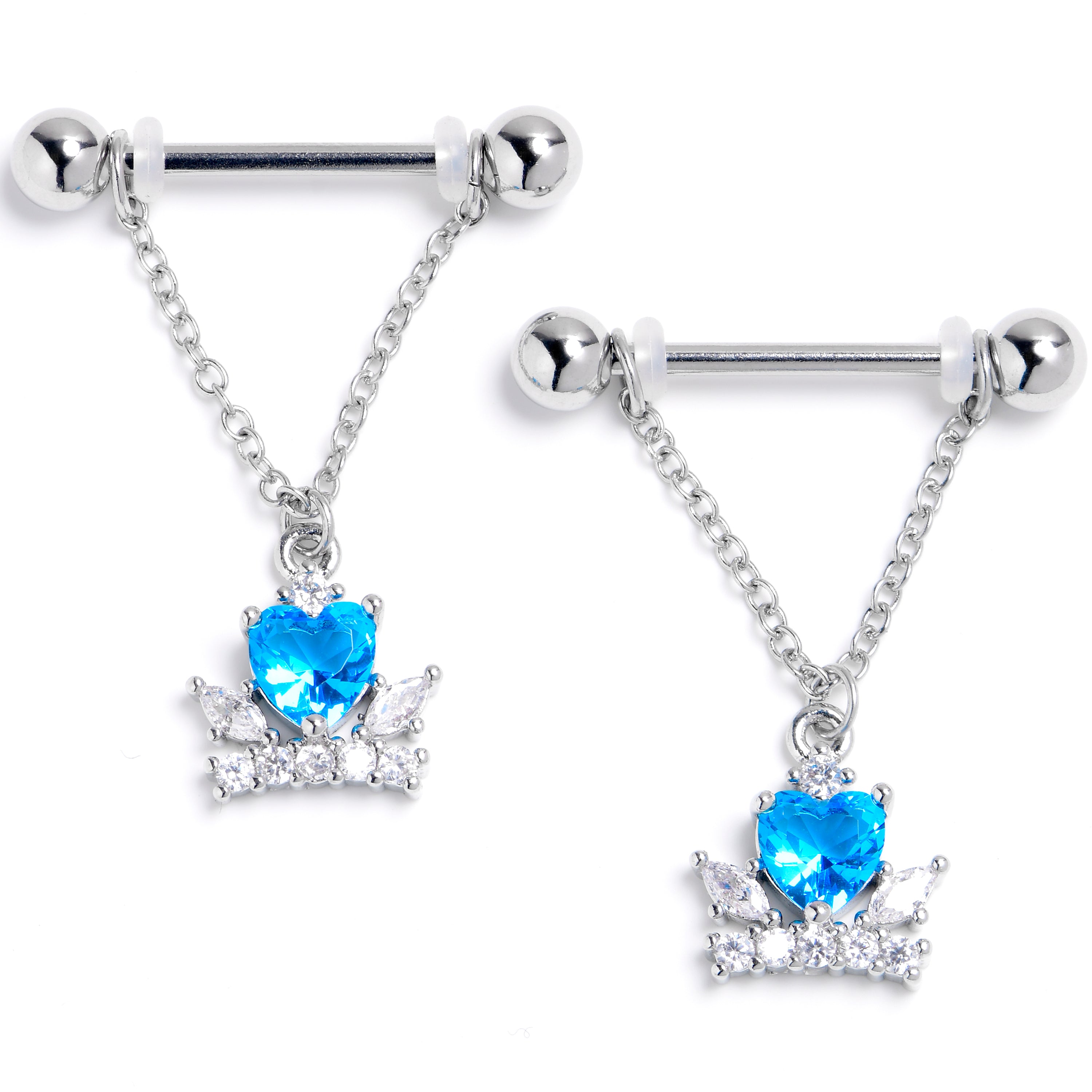 14G 9/16 Clear Blue CZ Gem Crown Heart Dangle Nipple Ring Set