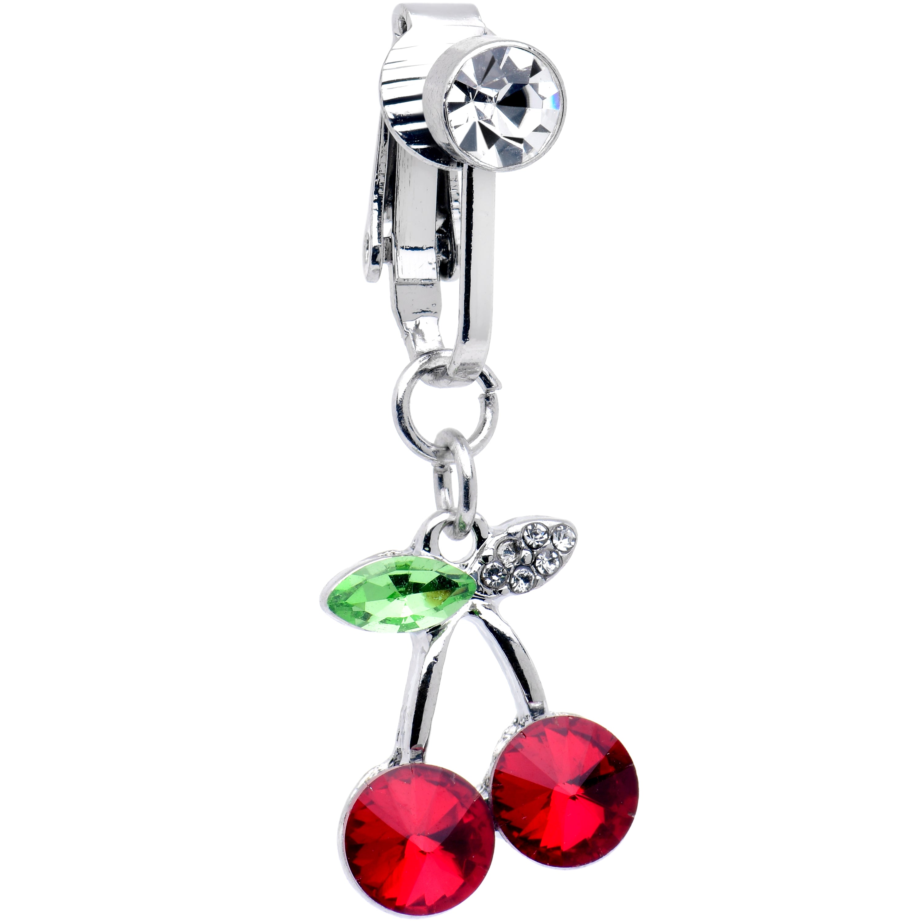 Red Green CZ Gem Sweet Cherry Dangle Clip on Fake Belly Ring