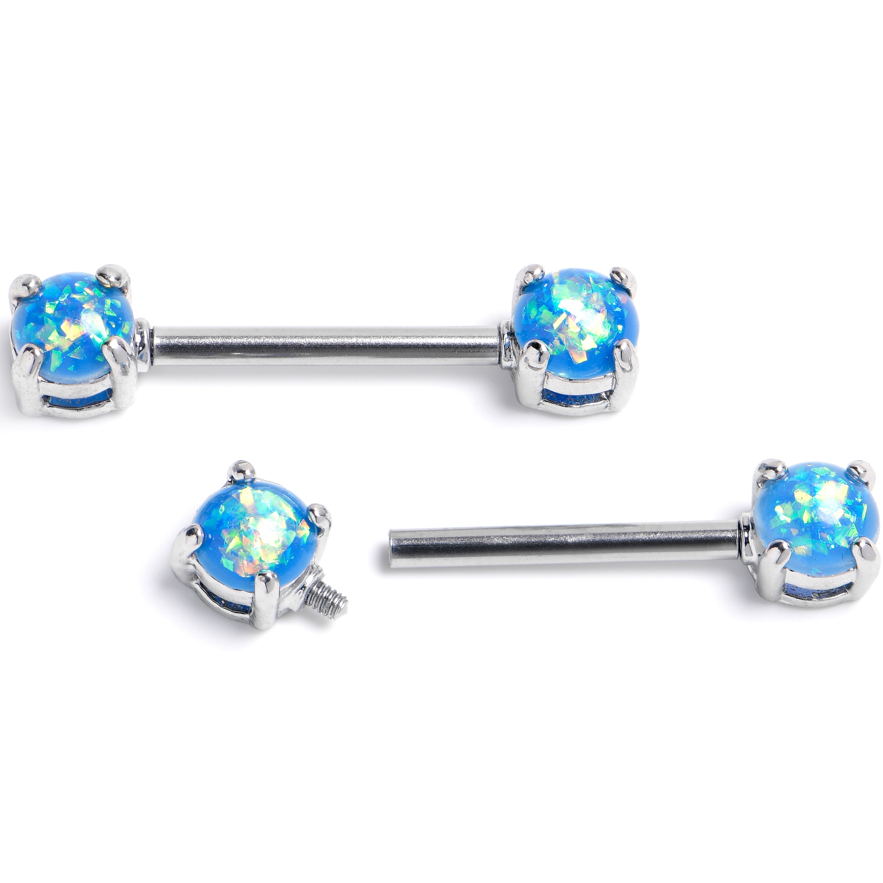 14 Gauge 9/16 Blue Faux Opal Internally Threaded Barbell Nipple Ring Set