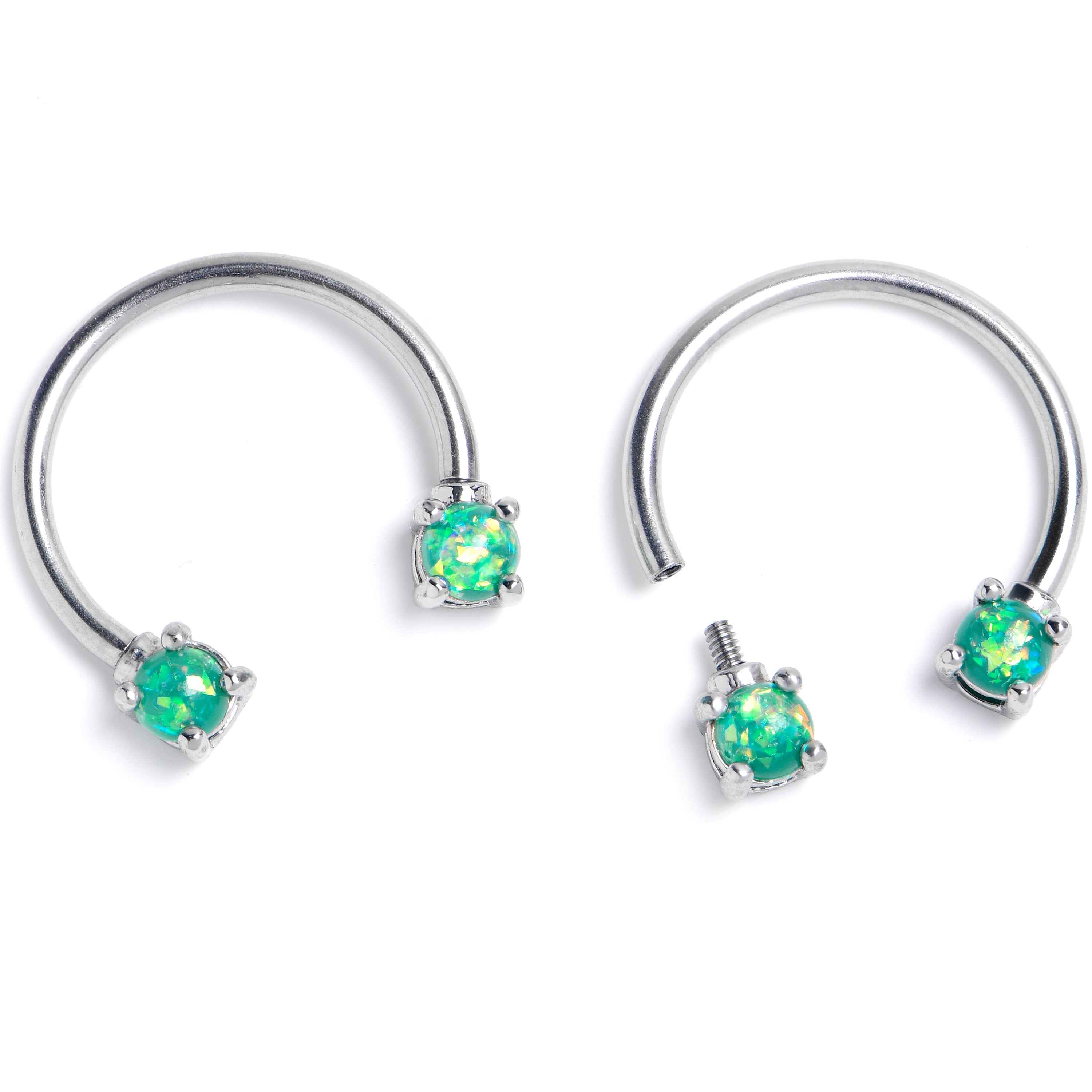 16G 3/8 Lt Green Faux Opal Internally Threaded Horseshoe Nipple Ring Set