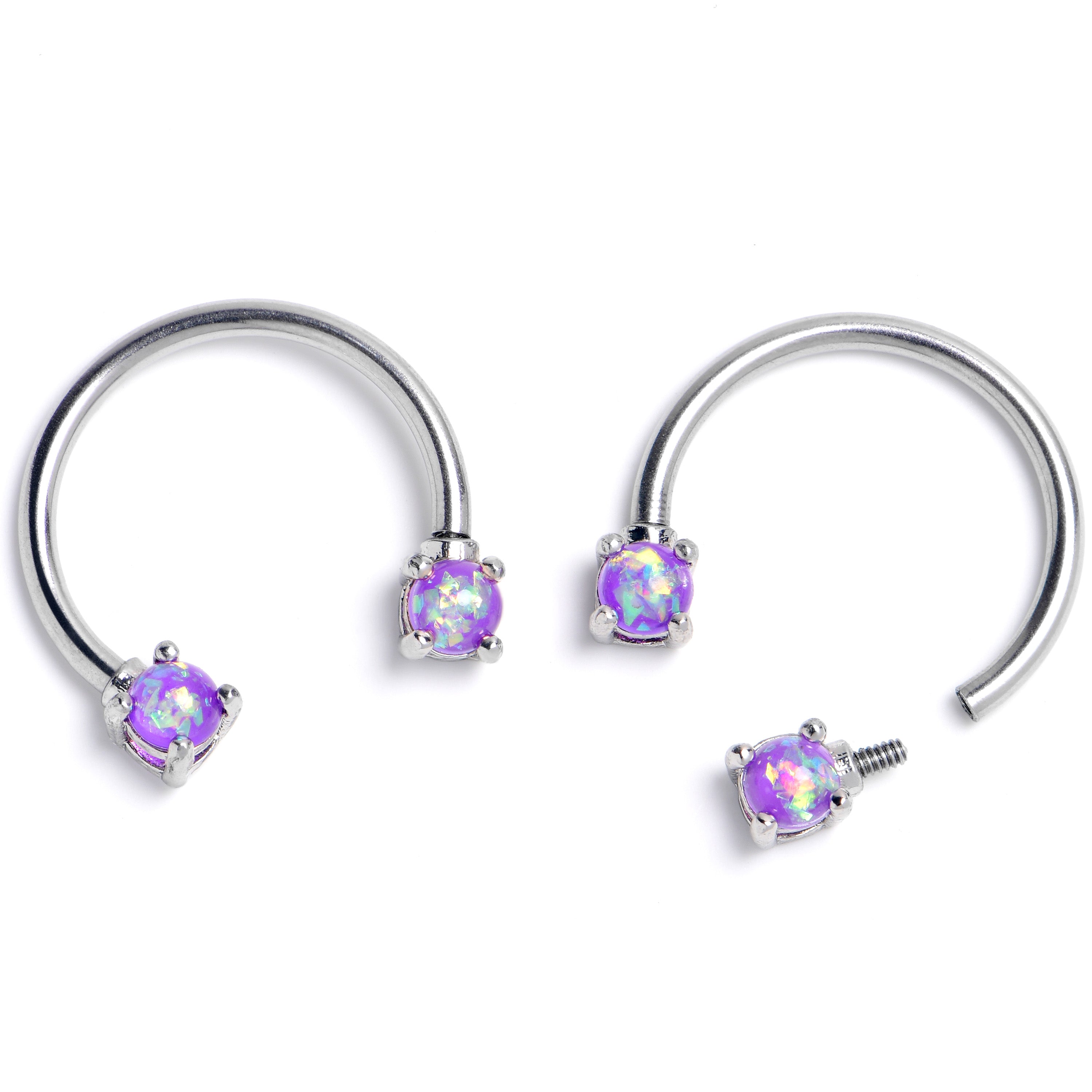 16G 3/8 Purple Faux Opal Internally Threaded Horseshoe Nipple Ring Set