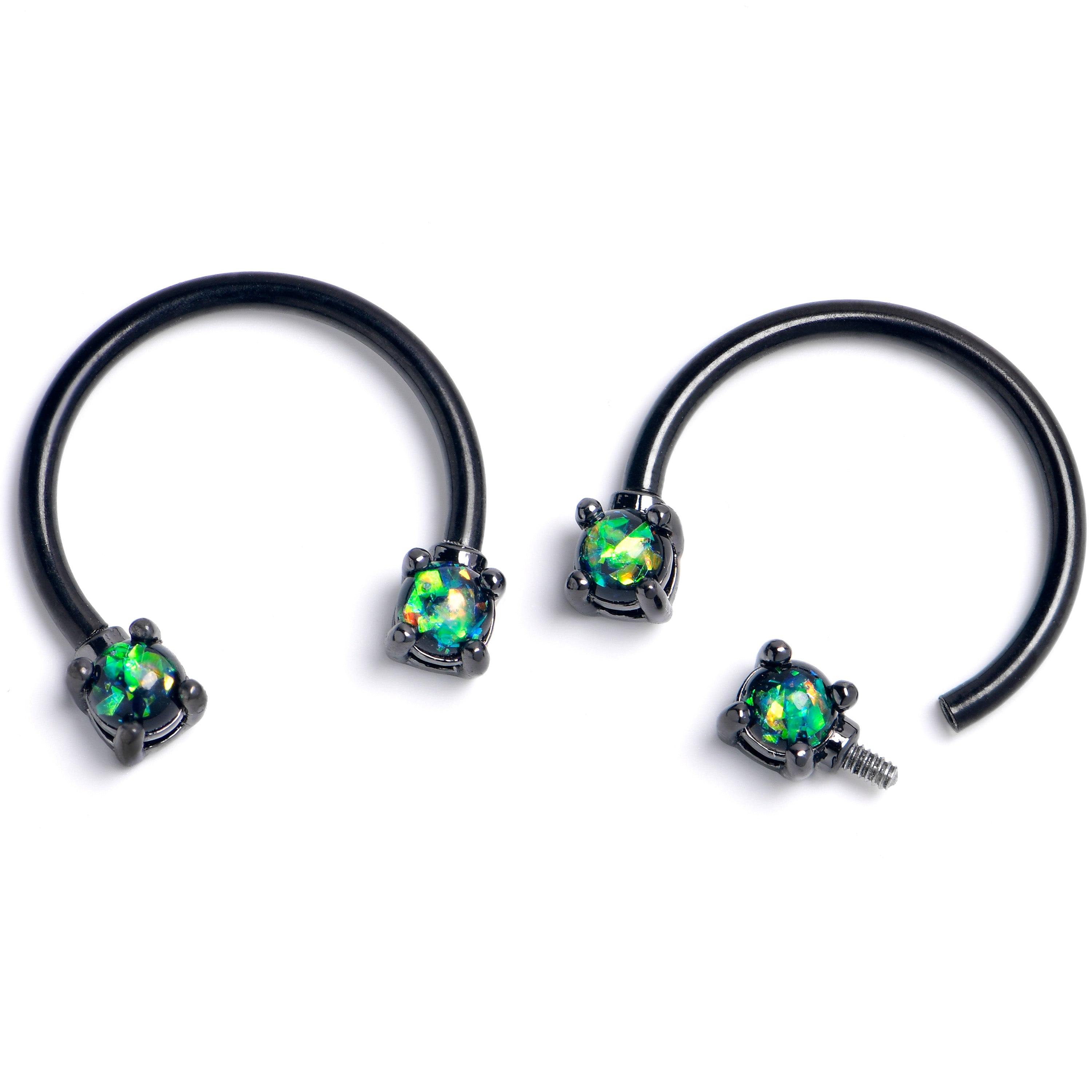 16G 3/8 Green Faux Opal Black Internally Threaded Horseshoe Set
