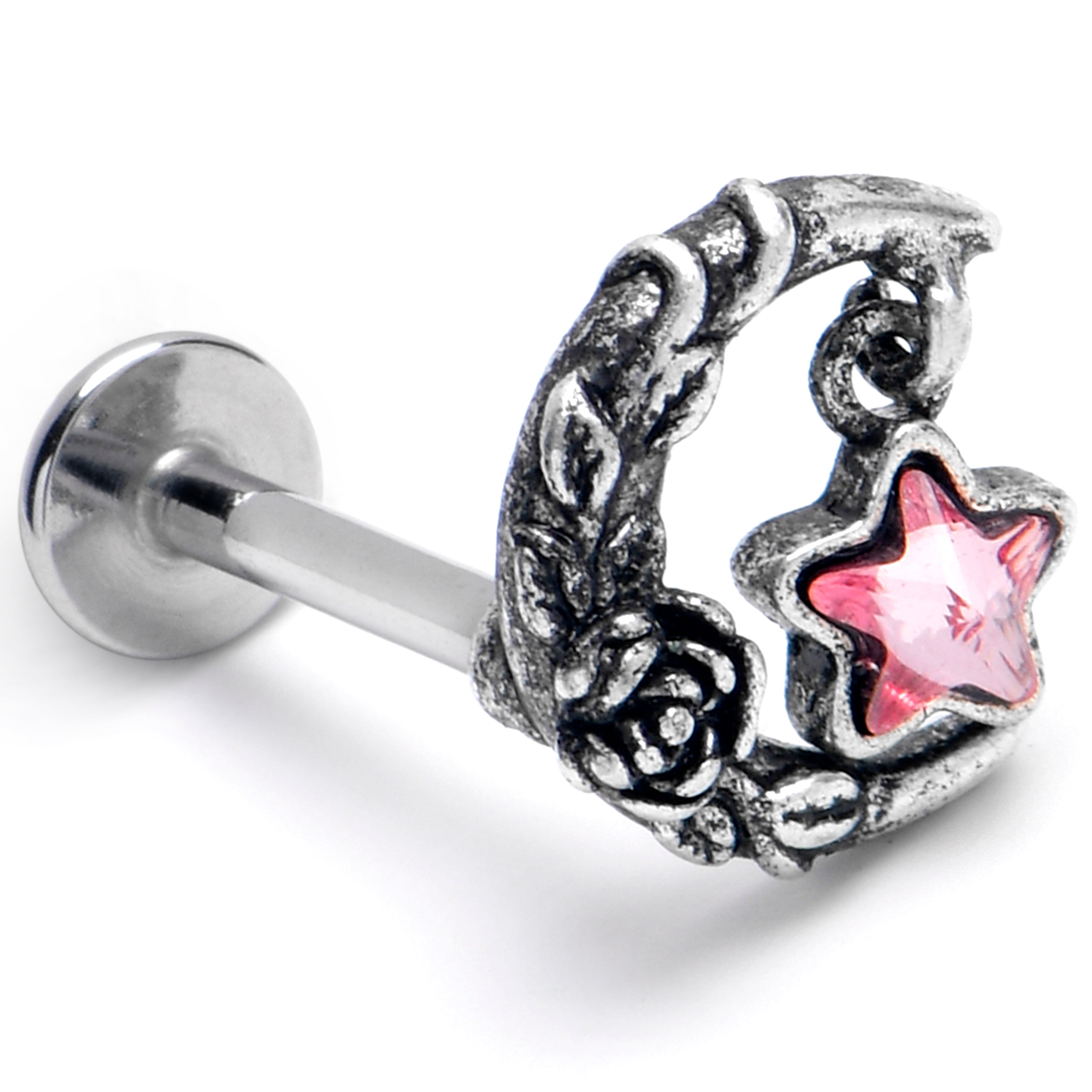 16G 5/16 Pink Gem Ornate Moon Star Labret Monroe Tragus