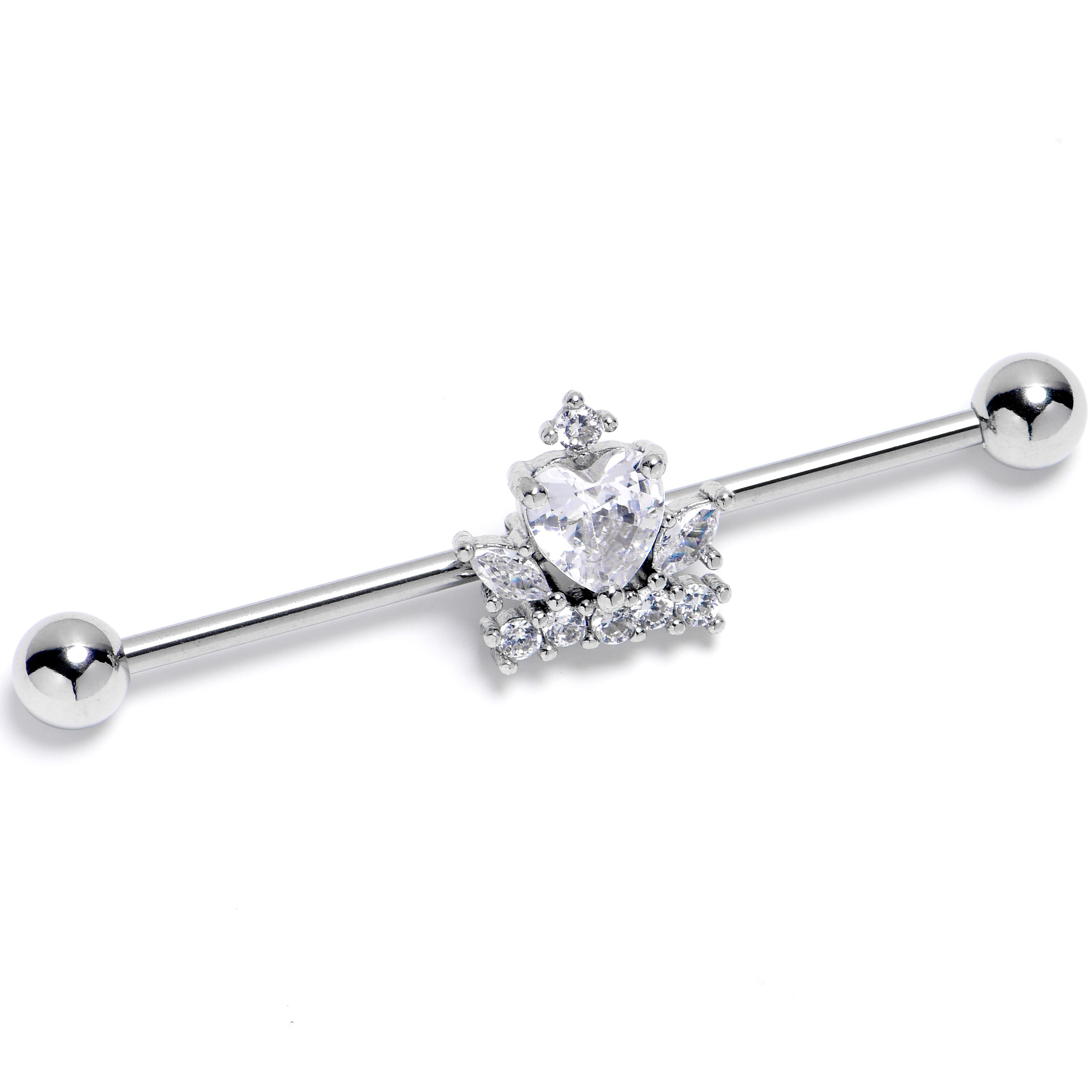 14G Clear CZ Gem Crown Heart Industrial Barbell 38mm