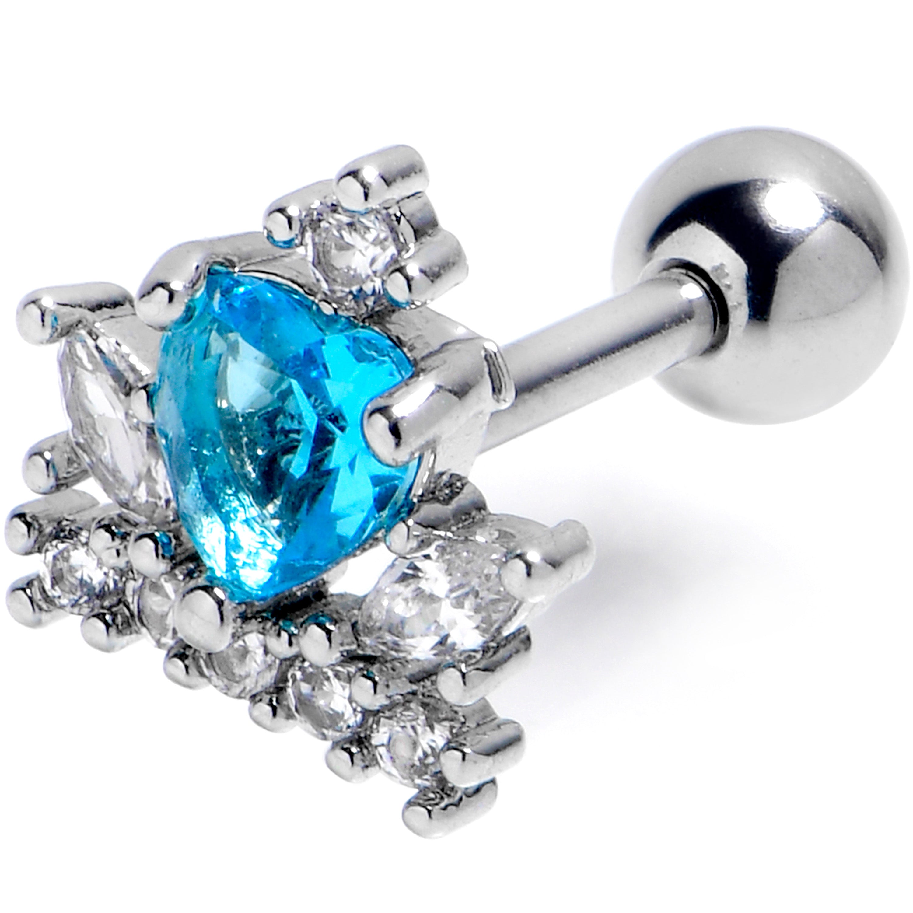 16G 1/4 Blue Clear Gem Crown Heart Cartilage Tragus Earring