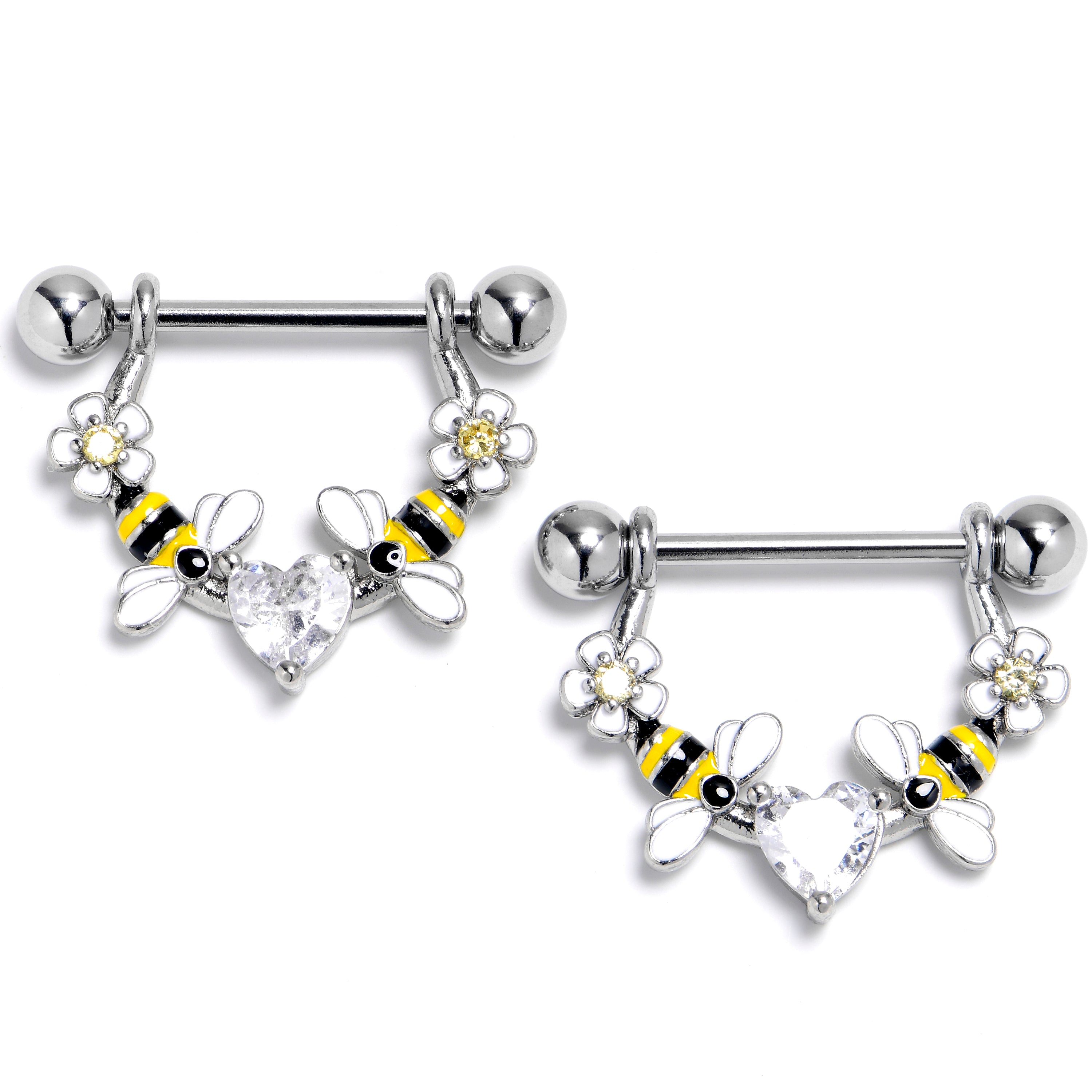 14G 9/16 Clear Gem Heart Bees Flowers Dangle Nipple Ring Set