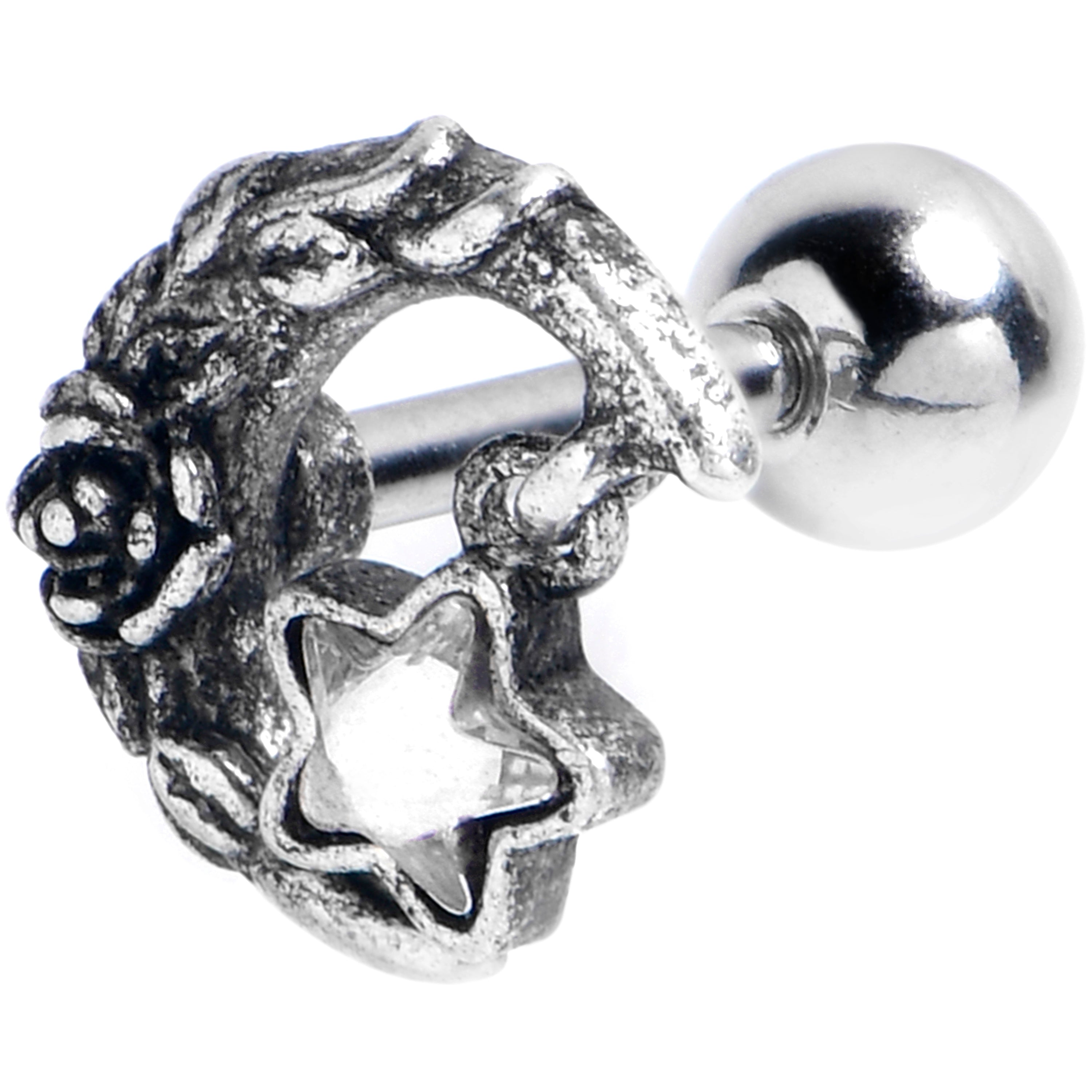 16G 1/4 Clear Gem Ornate Moon Star Cartilage Tragus Earring