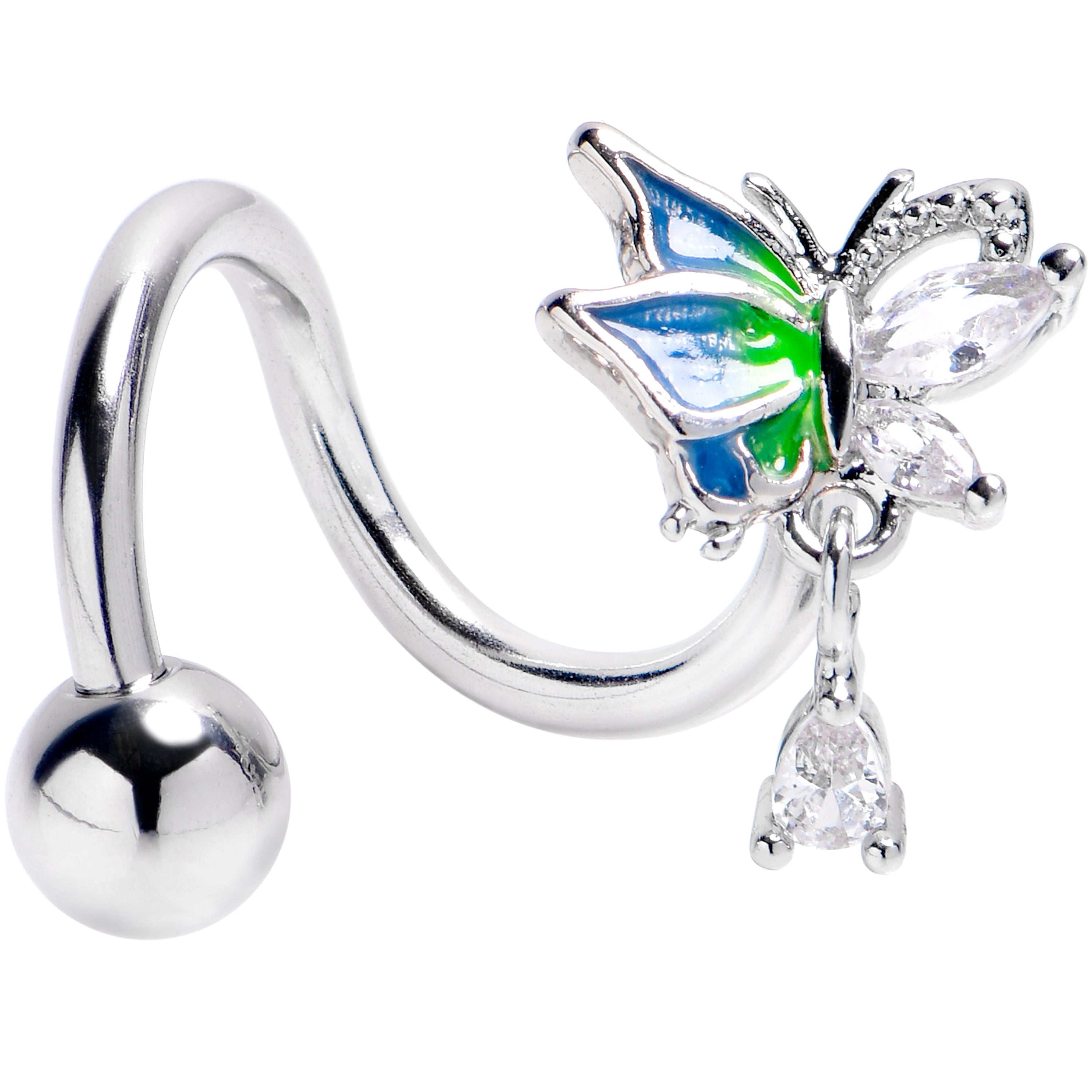 Clear CZ Gem Dazzling Beauty Butterfly Blue Spiral Twister Belly Ring