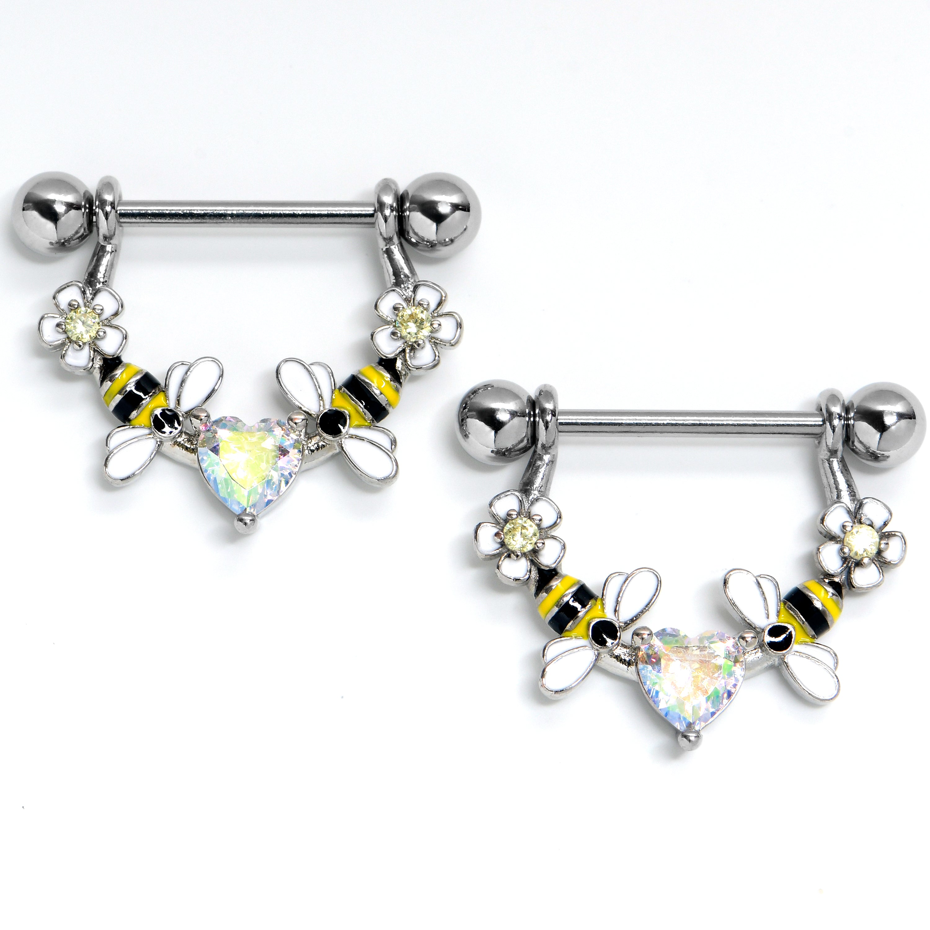 14G 9/16 Aurora Gem Heart Bees Flowers Dangle Nipple Ring Set