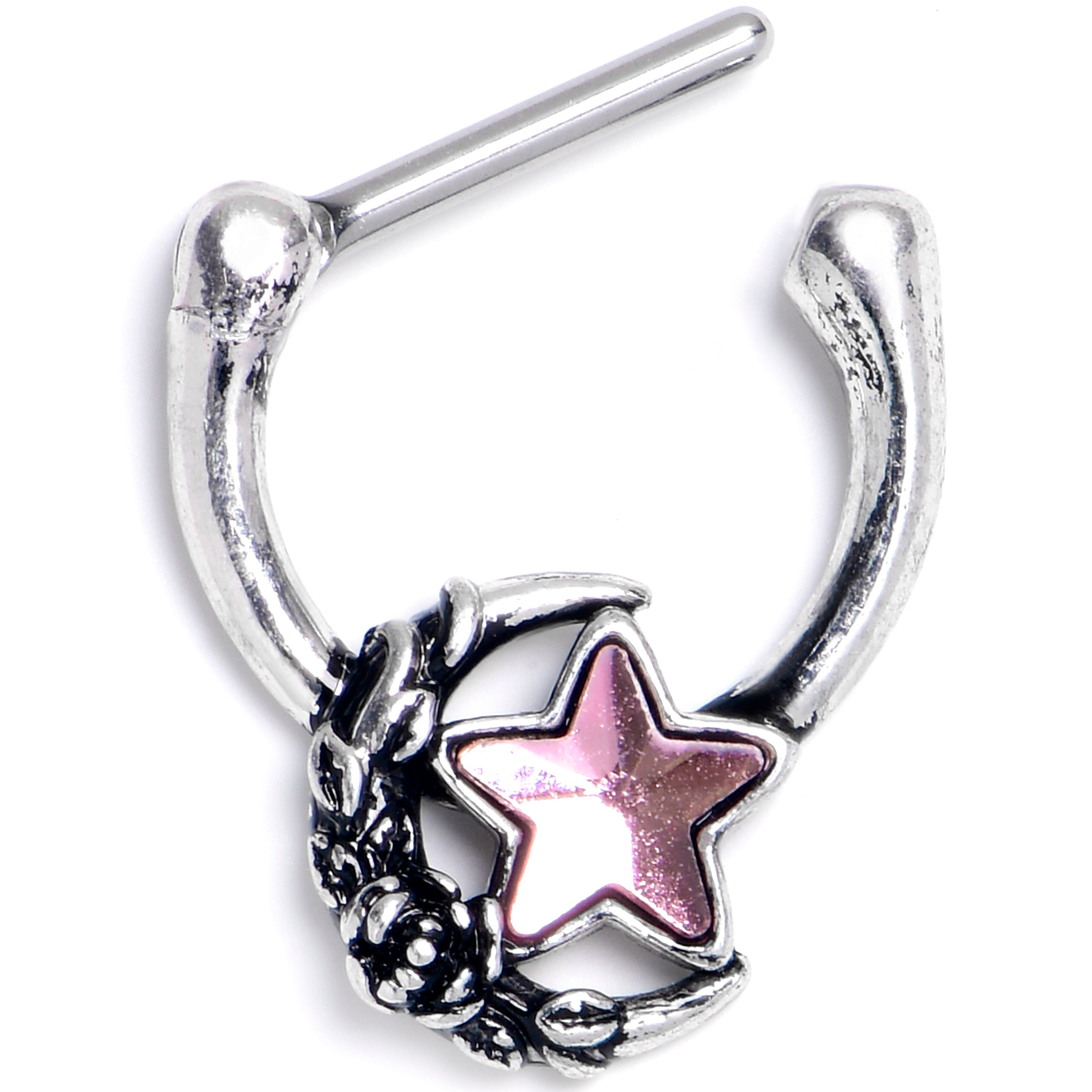 16G 5/16 Pink Gem Ornate Moon Star Cartilage Clicker