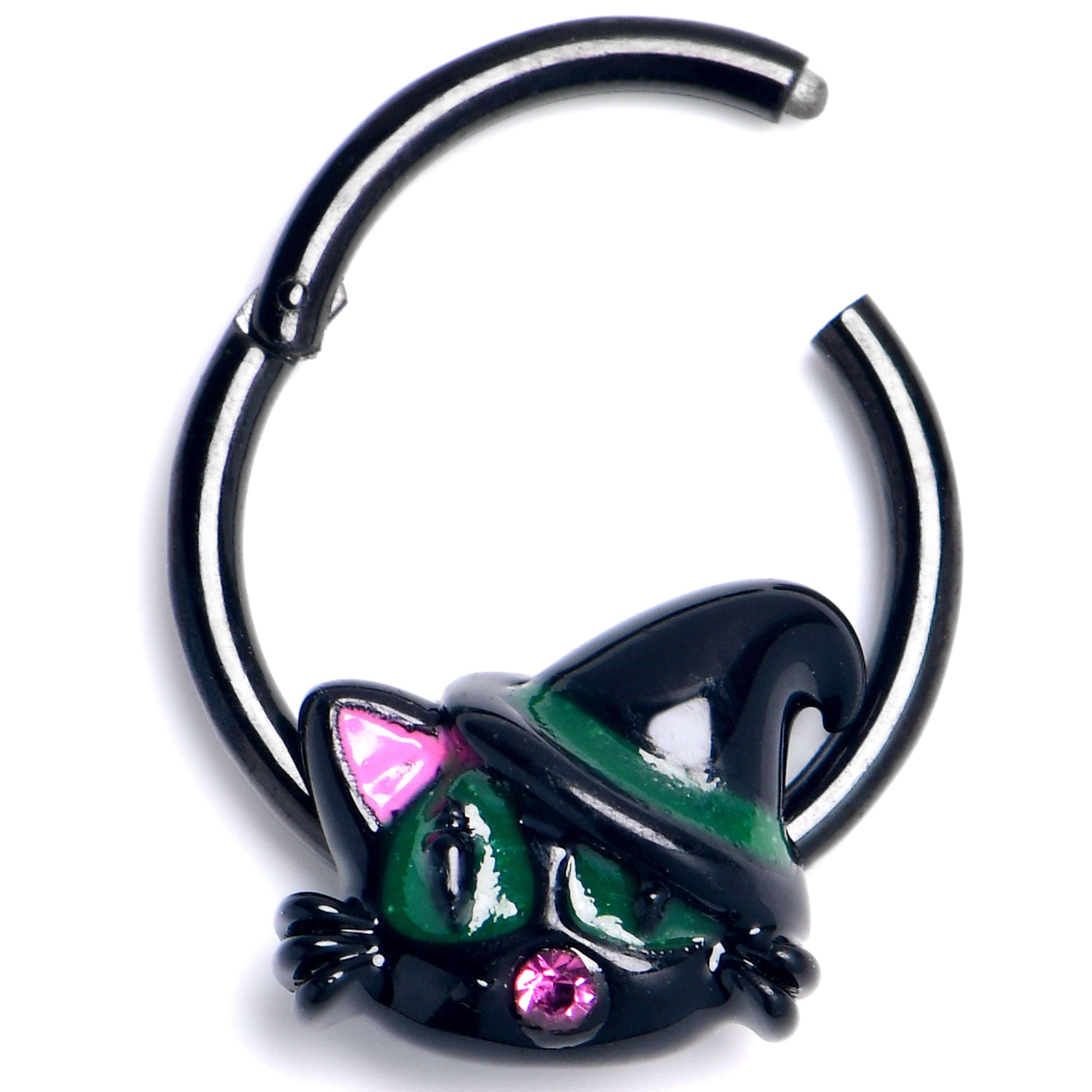 16G 3/8 Pink Gem Black Halloween Hat Cat Hinged Segment Ring