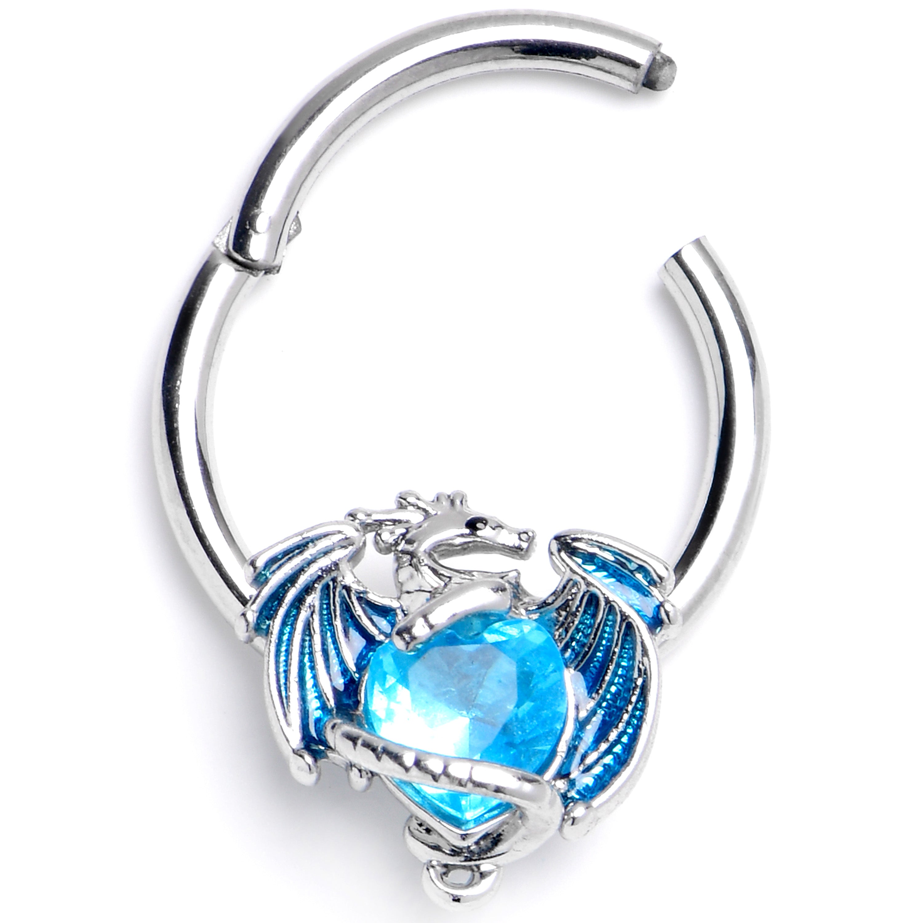 16G 3/8 Blue Gem Heart of Dragon Hinged Segment Ring