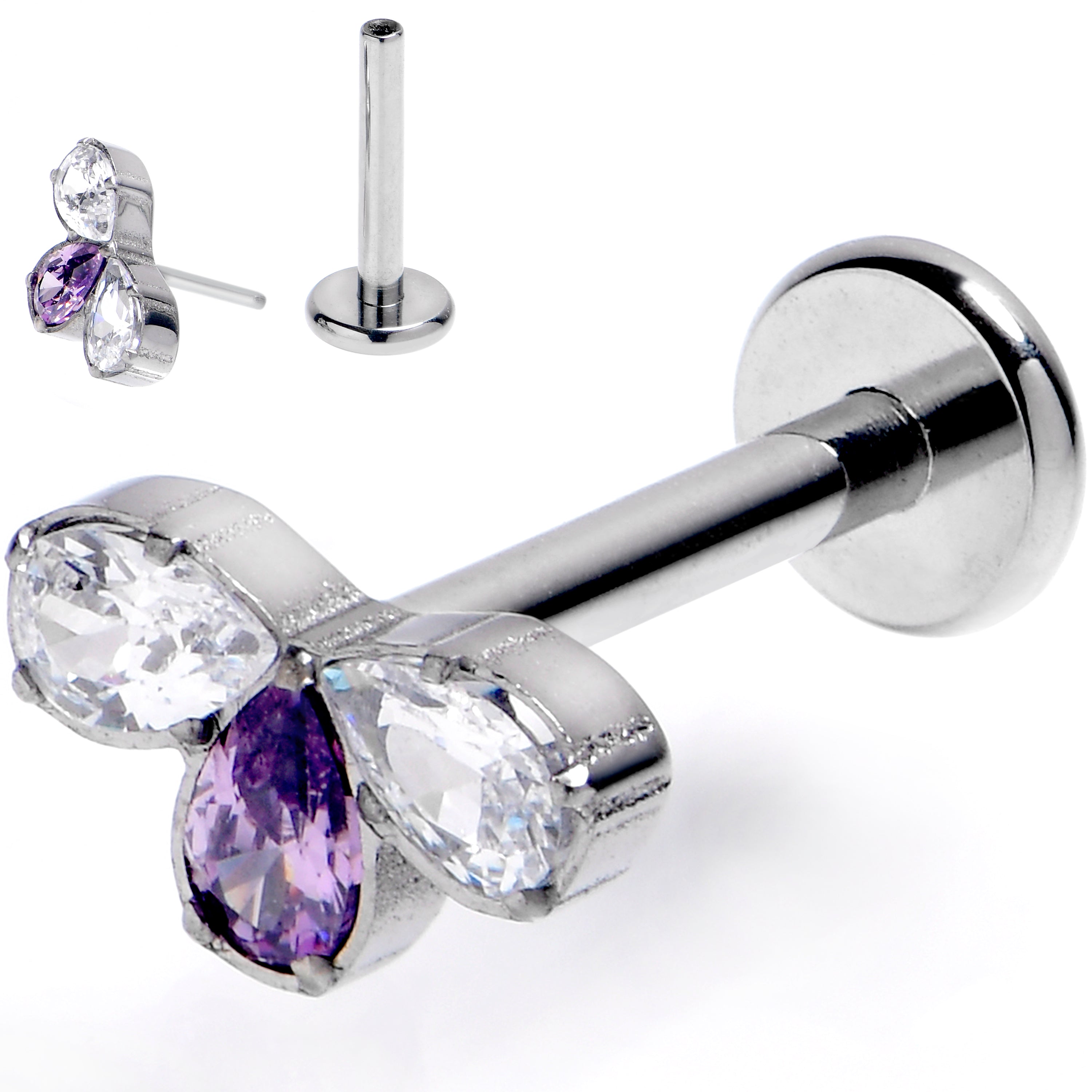 16G 5/16 Purple Gem Grade 23 Titanium Threadless Push In Labret Tragus