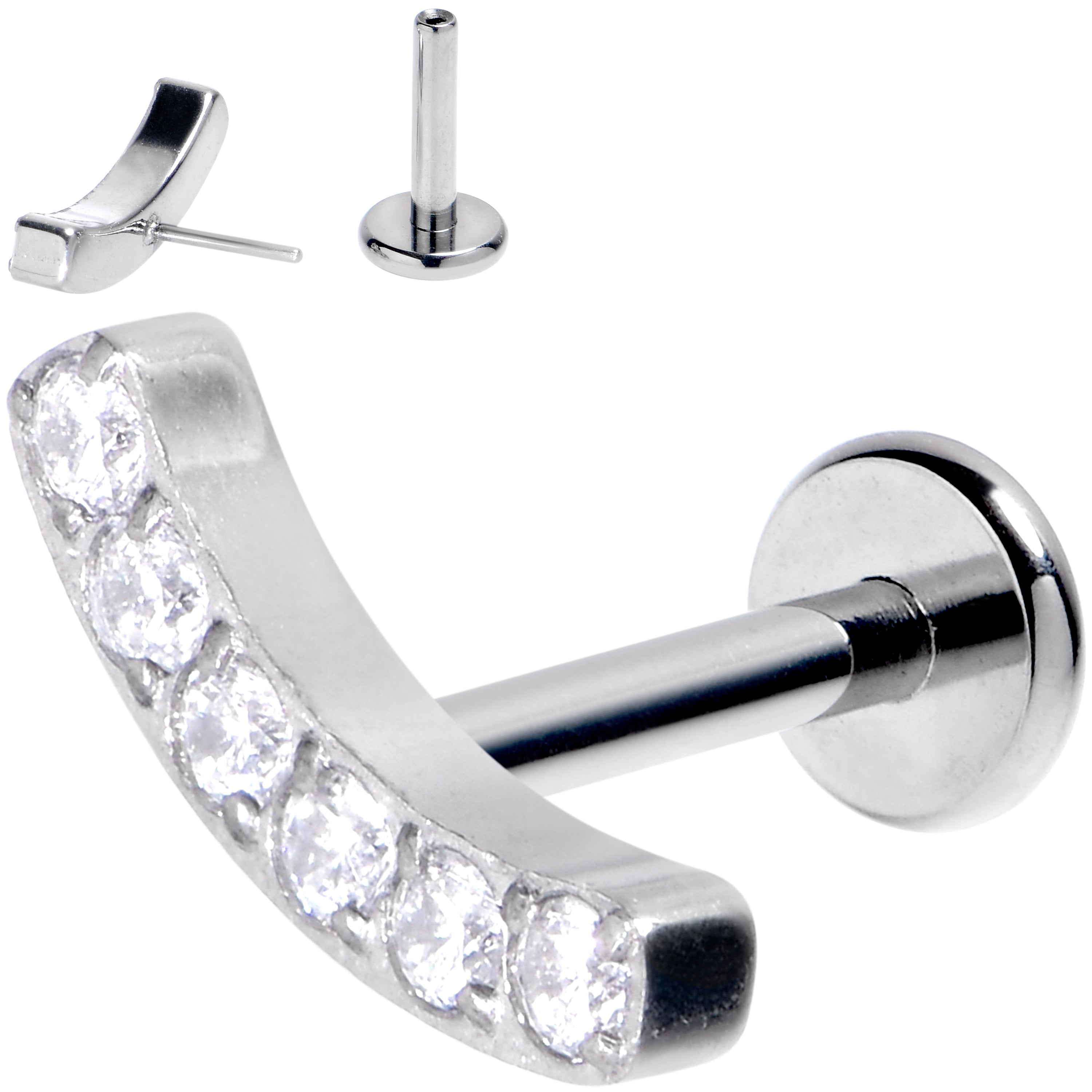 16G 1/4 Clear Gem Arc Grade 23 Titanium Threadless Push In Labret Tragus