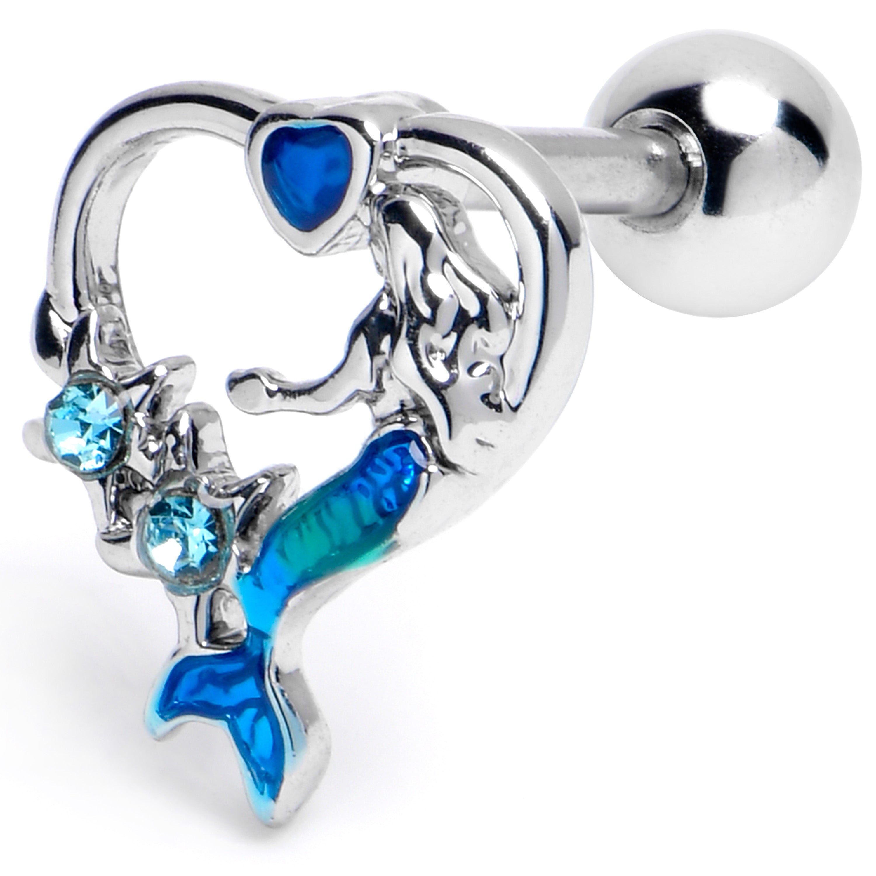 16 Gauge 1/4 Blue Gem Mermaid Stars Heart Cartilage Tragus Earring