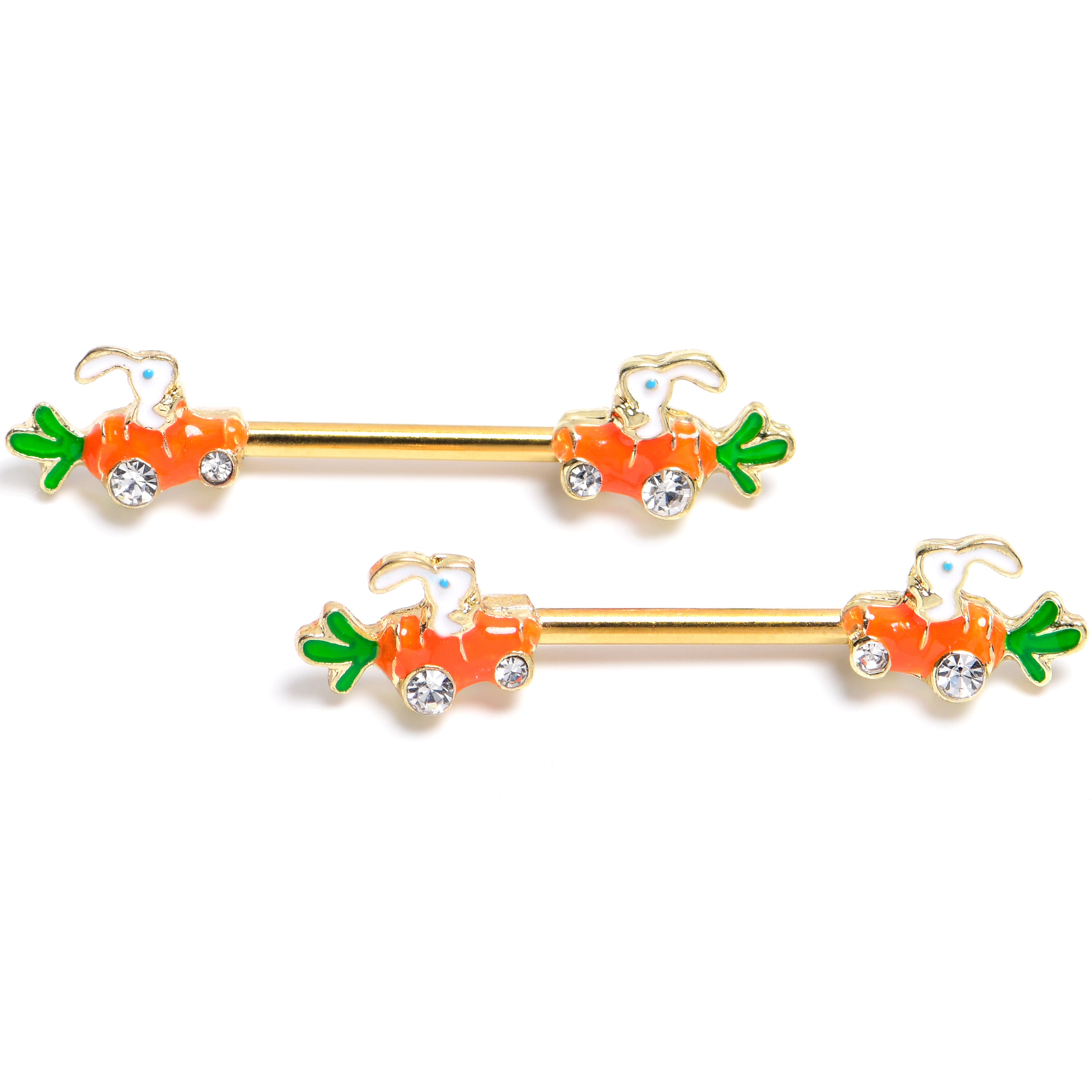 14G 9/16 Clear Gem Gold Tone Rabbit Carrot Car Nipple Ring Set
