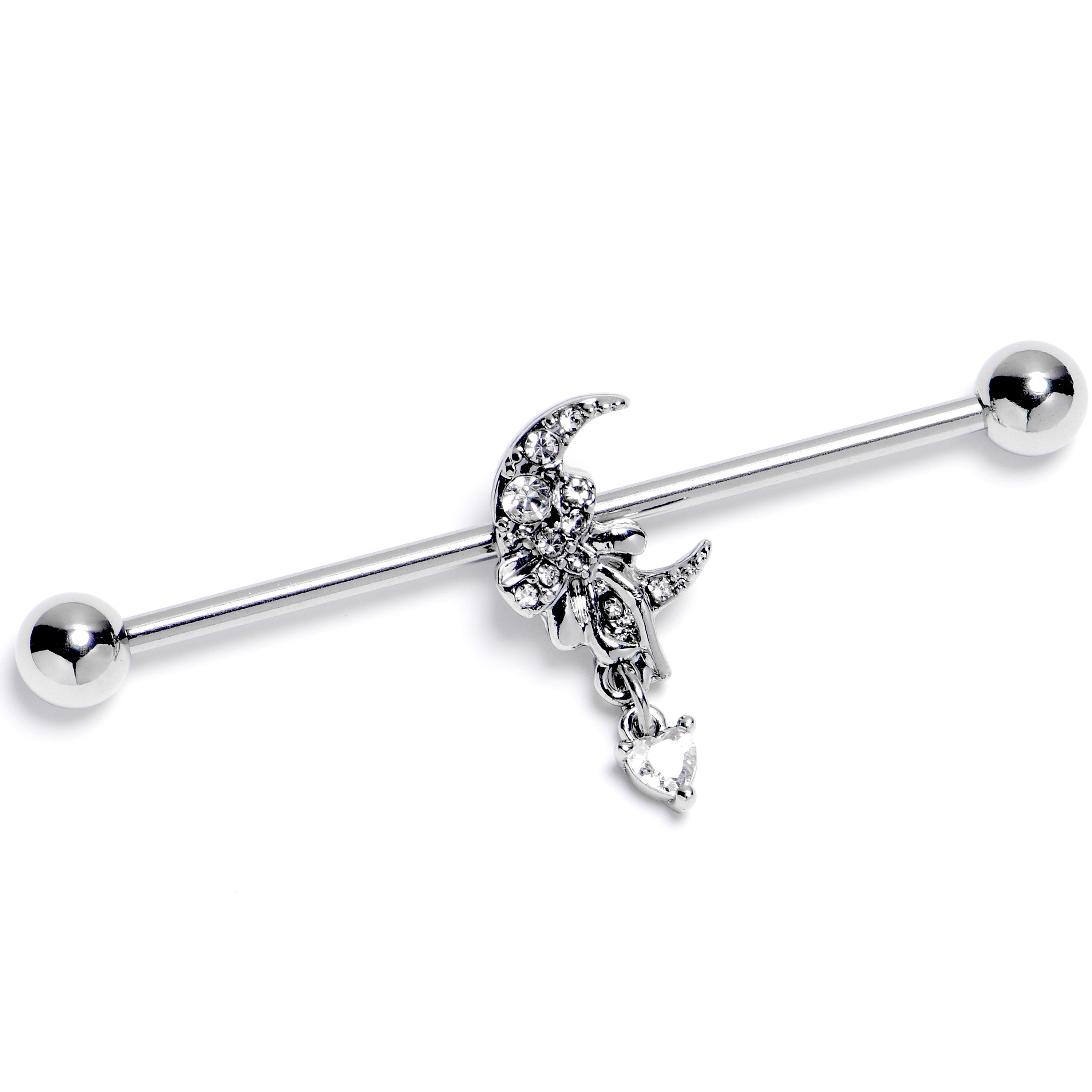 14G Clear CZ Gem Moon Bow Heart Dangle Industrial Barbell 38mm