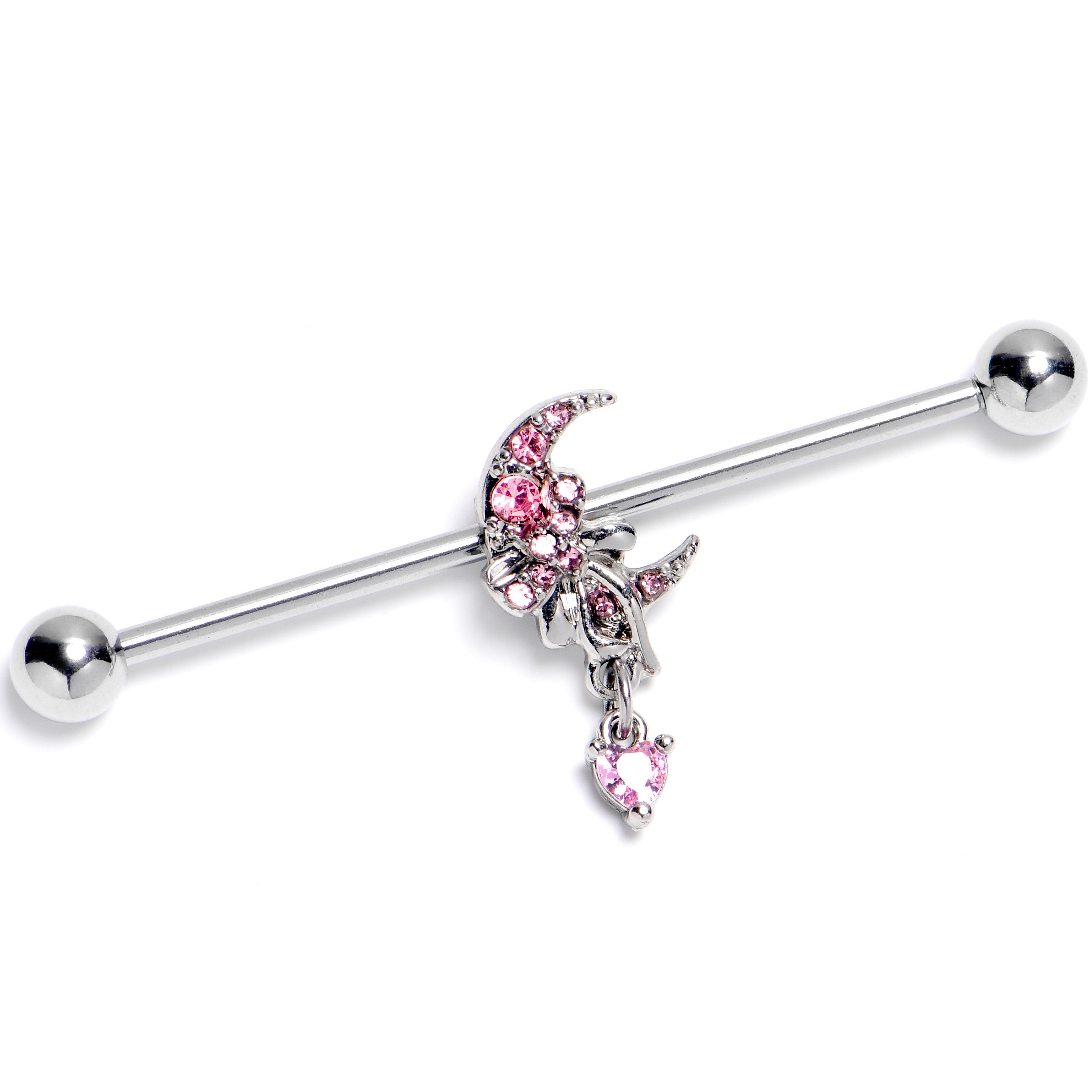 14G Pink CZ Gem Moon Bow Heart Dangle Industrial Barbell 38mm