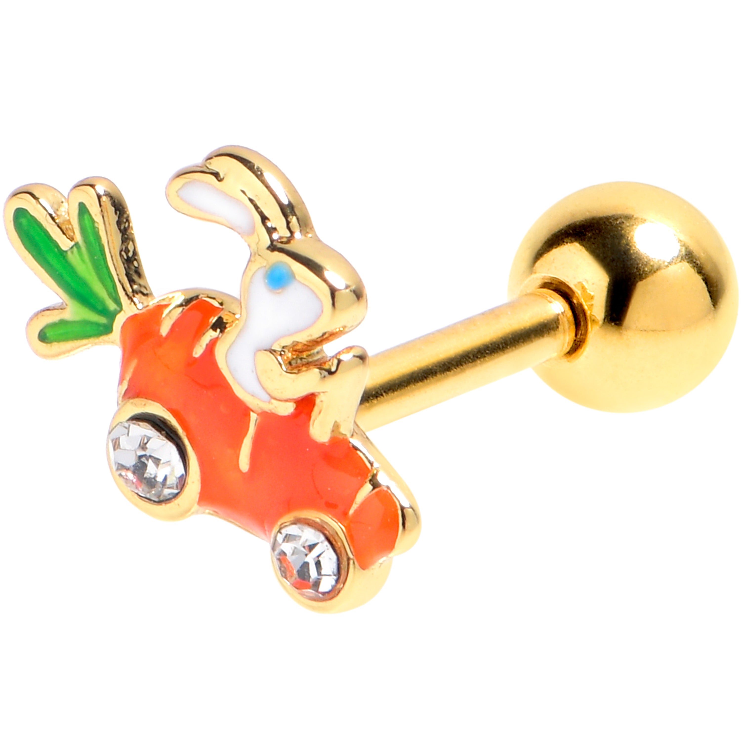 16 Gauge 1/4 Clear Gem Gold Tone Rabbit Carrot Car Cartilage Earring