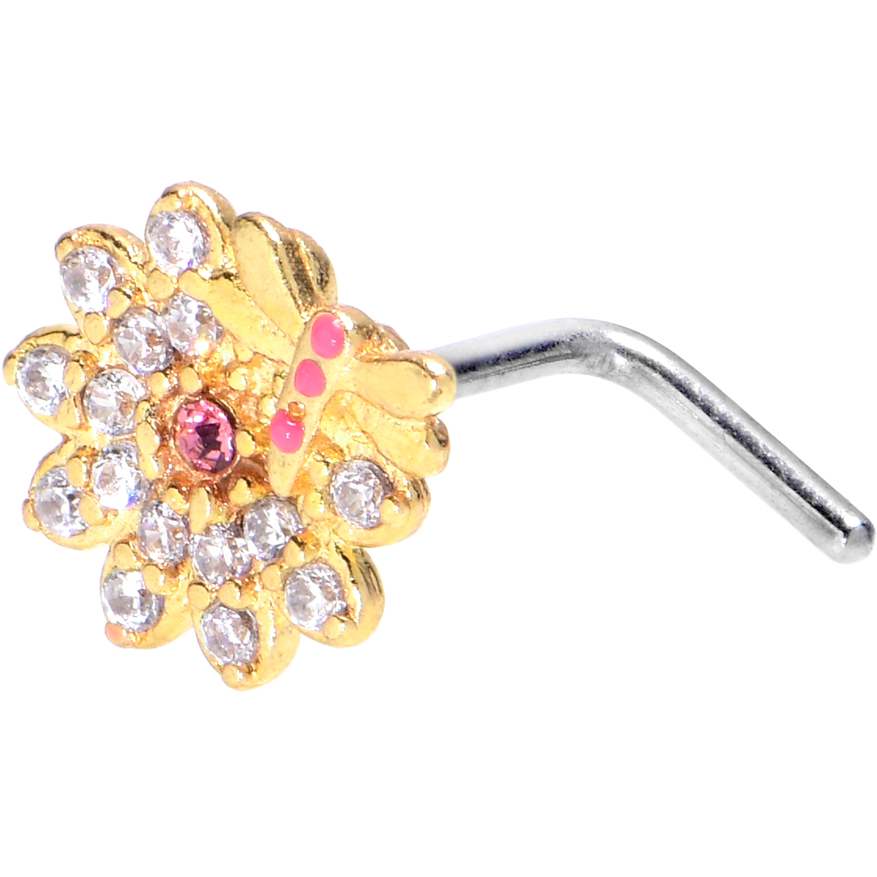 20G 7mm Clear Pink Gem Flower Bug Golden L Shape Nose Ring