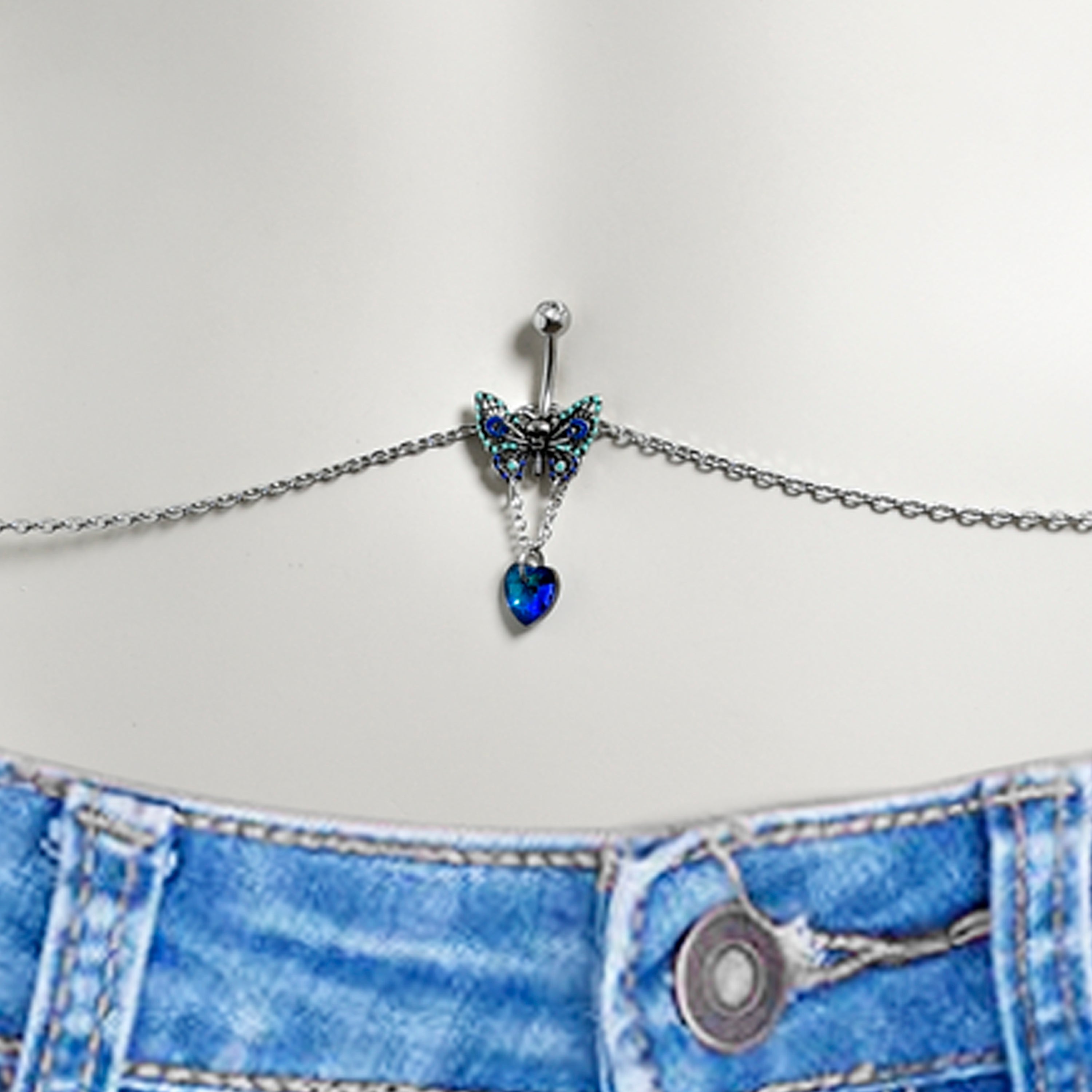 Blue Gem Heart Colorful Butterfly Belly Ring Belly Chain