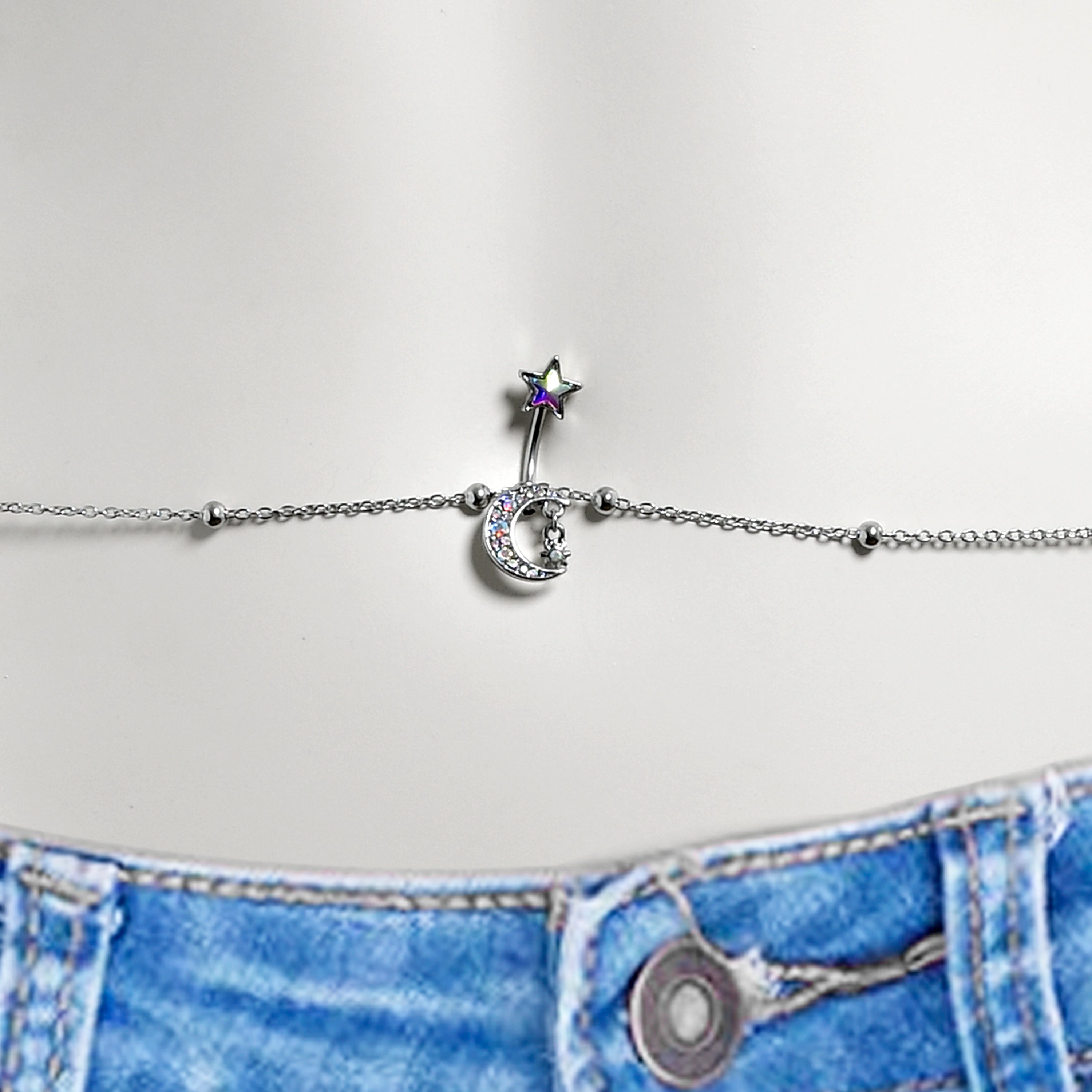 Aurora Purple Gem Moon Star Double Mount Belly Ring Belly Chain