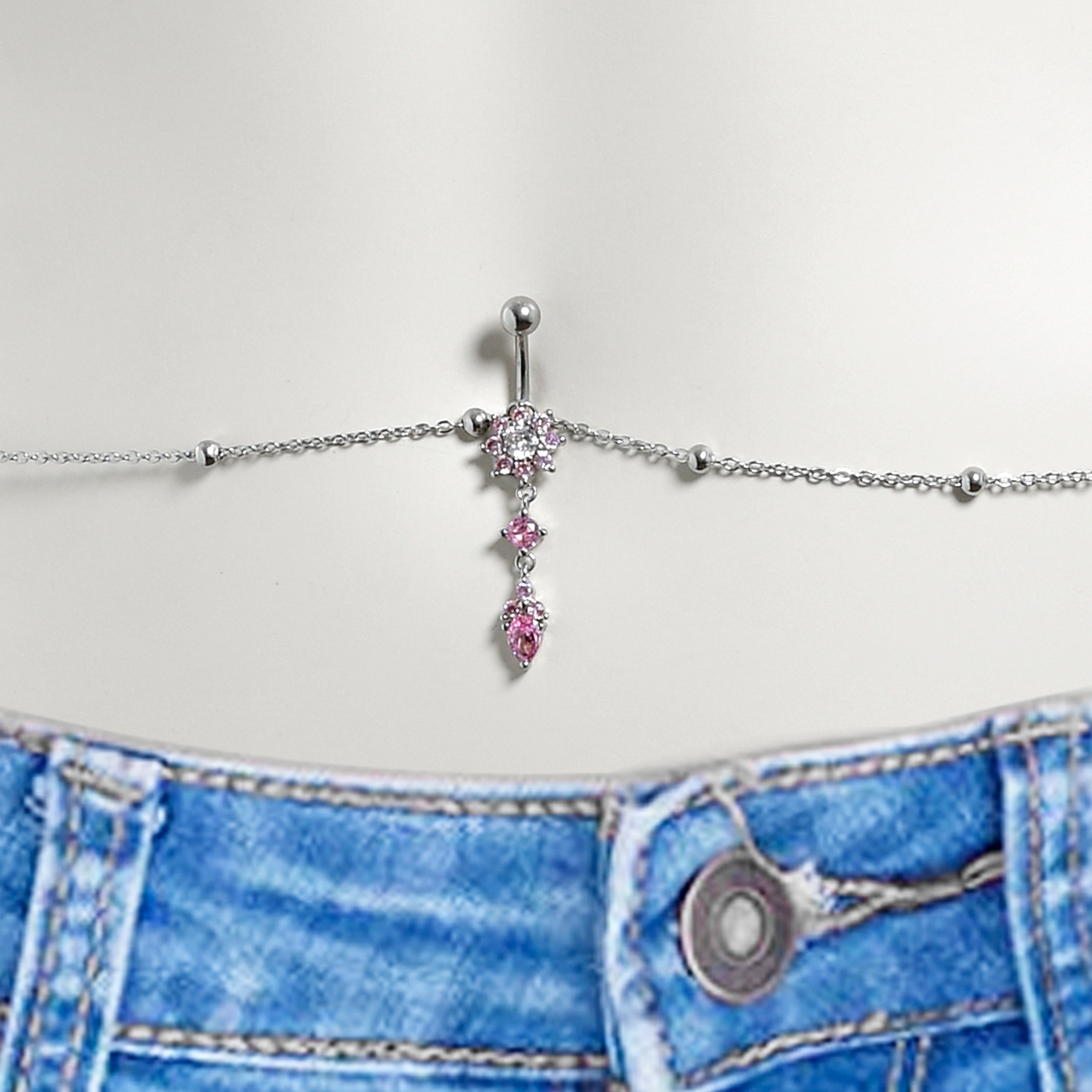 Pink Gem Vivid Dangle Belly Ring Belly Chain