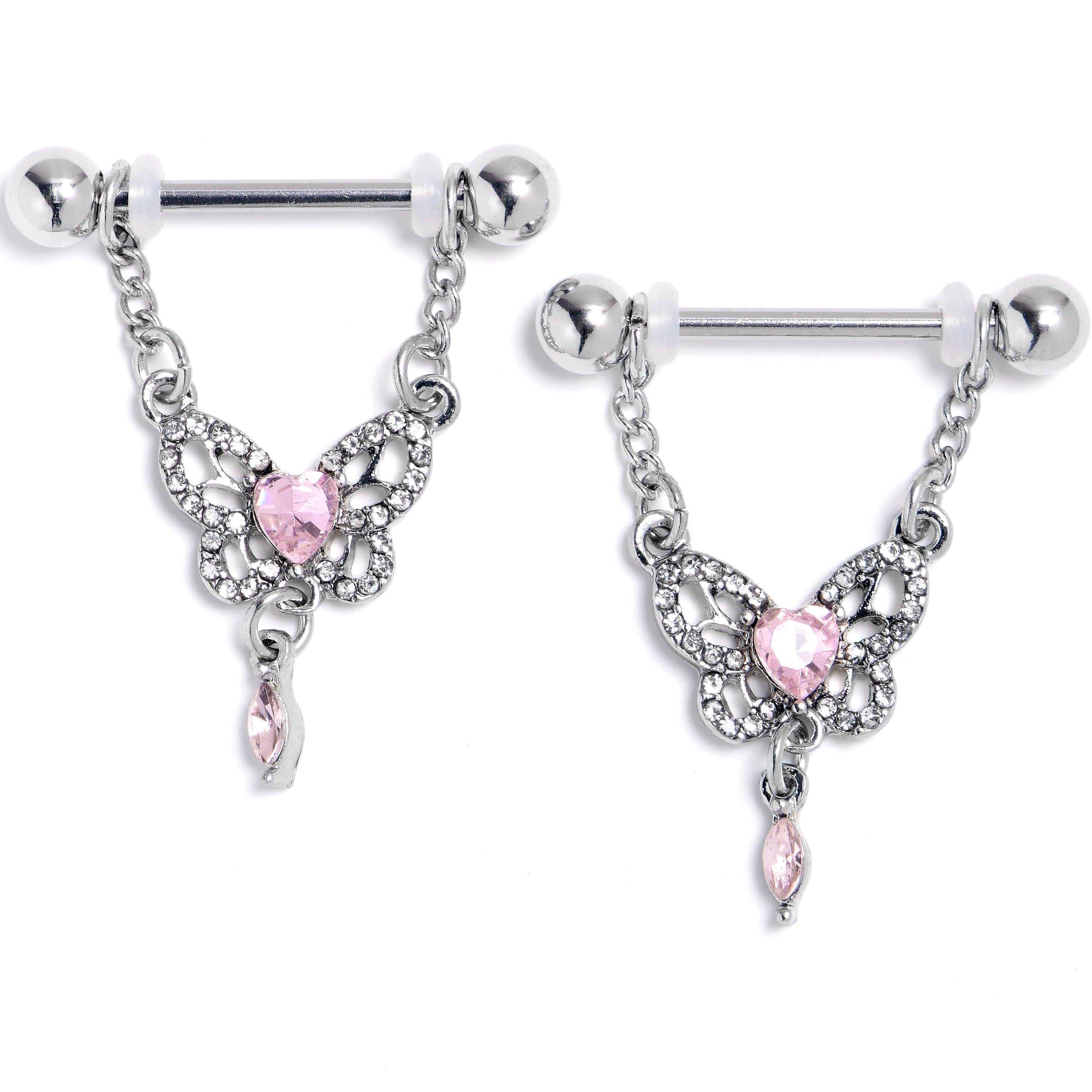 14G 9/16 Pink Gem Whimsical Butterfly Dangle Nipple Ring Set