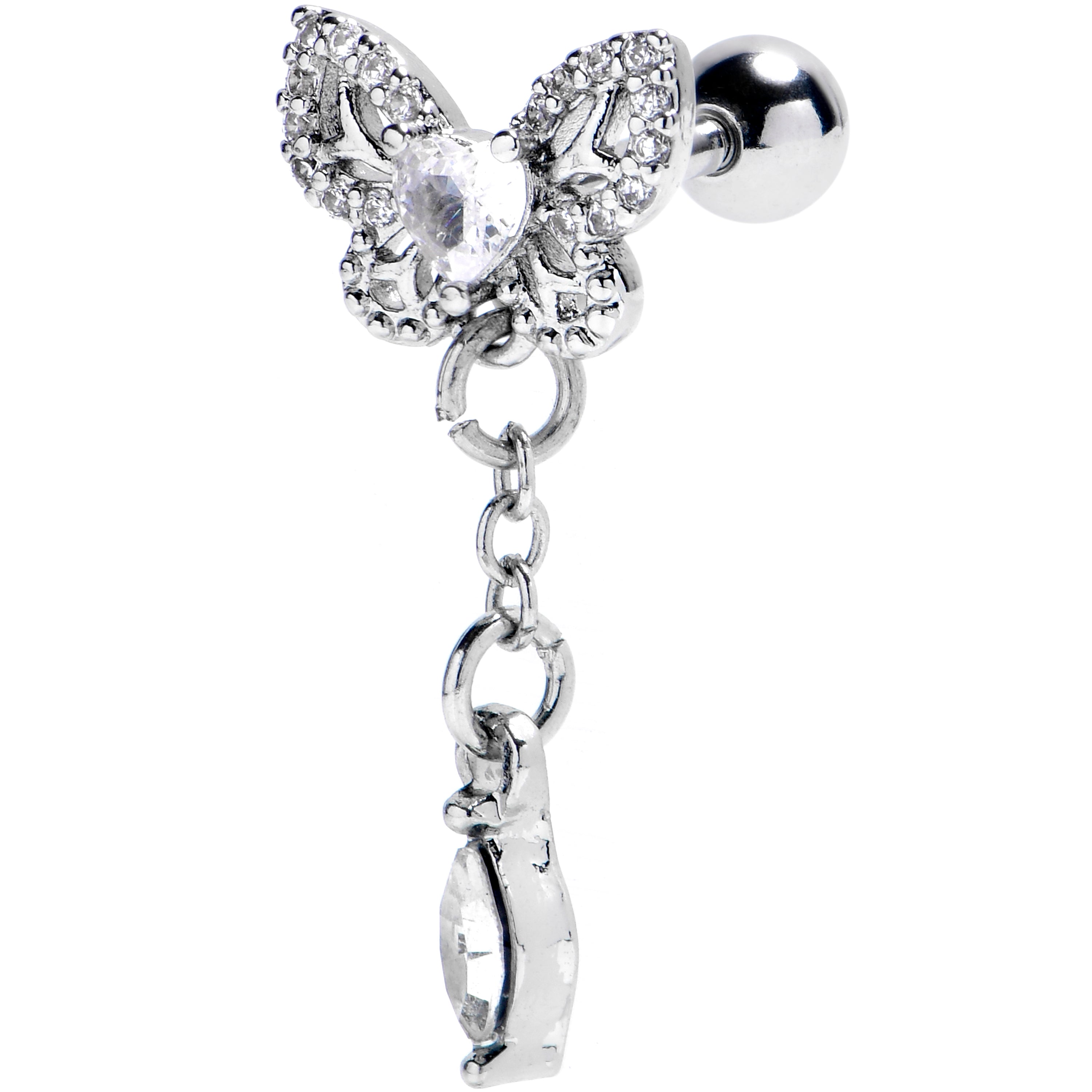 16G 1/4 Clear CZ Gem Butterfly Delight Dangle Cartilage Earring
