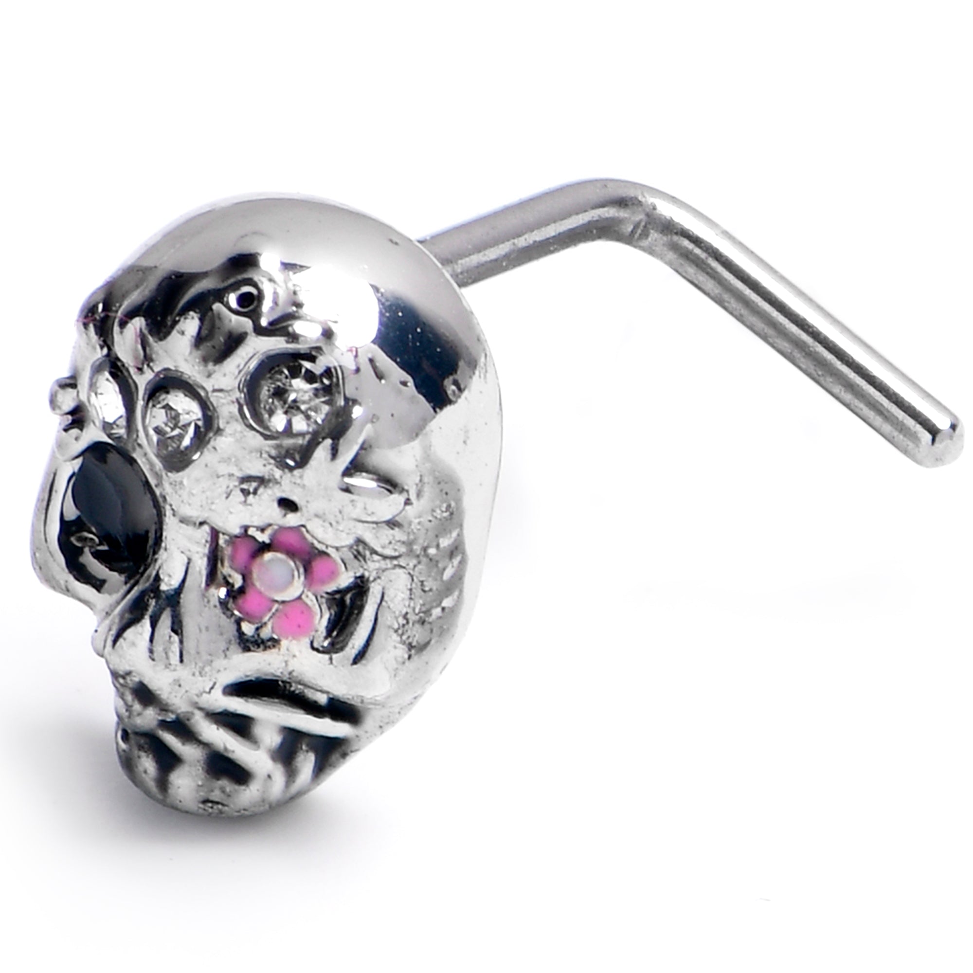 20G 7mm Clear CZ Gem Stylish Skull L Shape Nose Ring