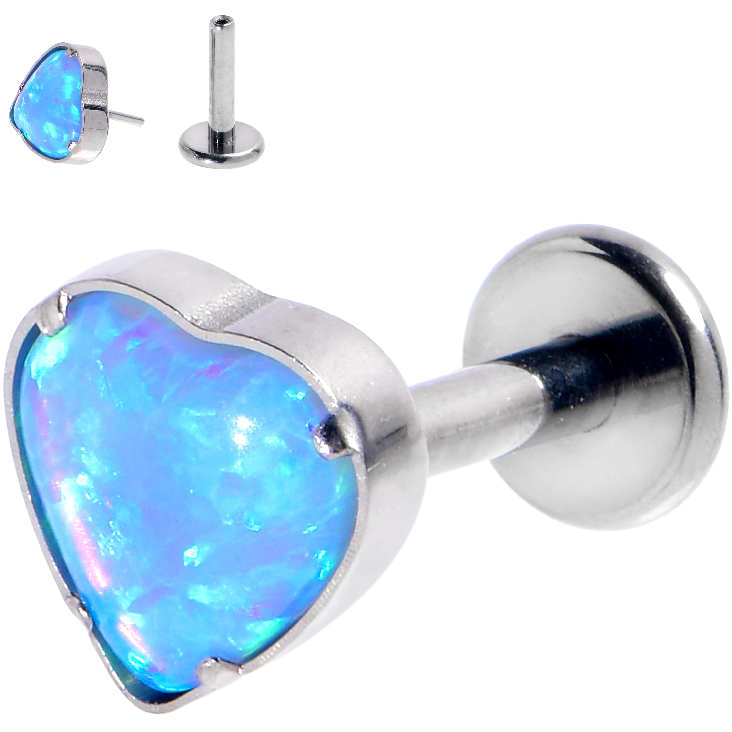 16G 1/4 Blue Synthetic Opal G23 Titanium Threadless Heart Labret