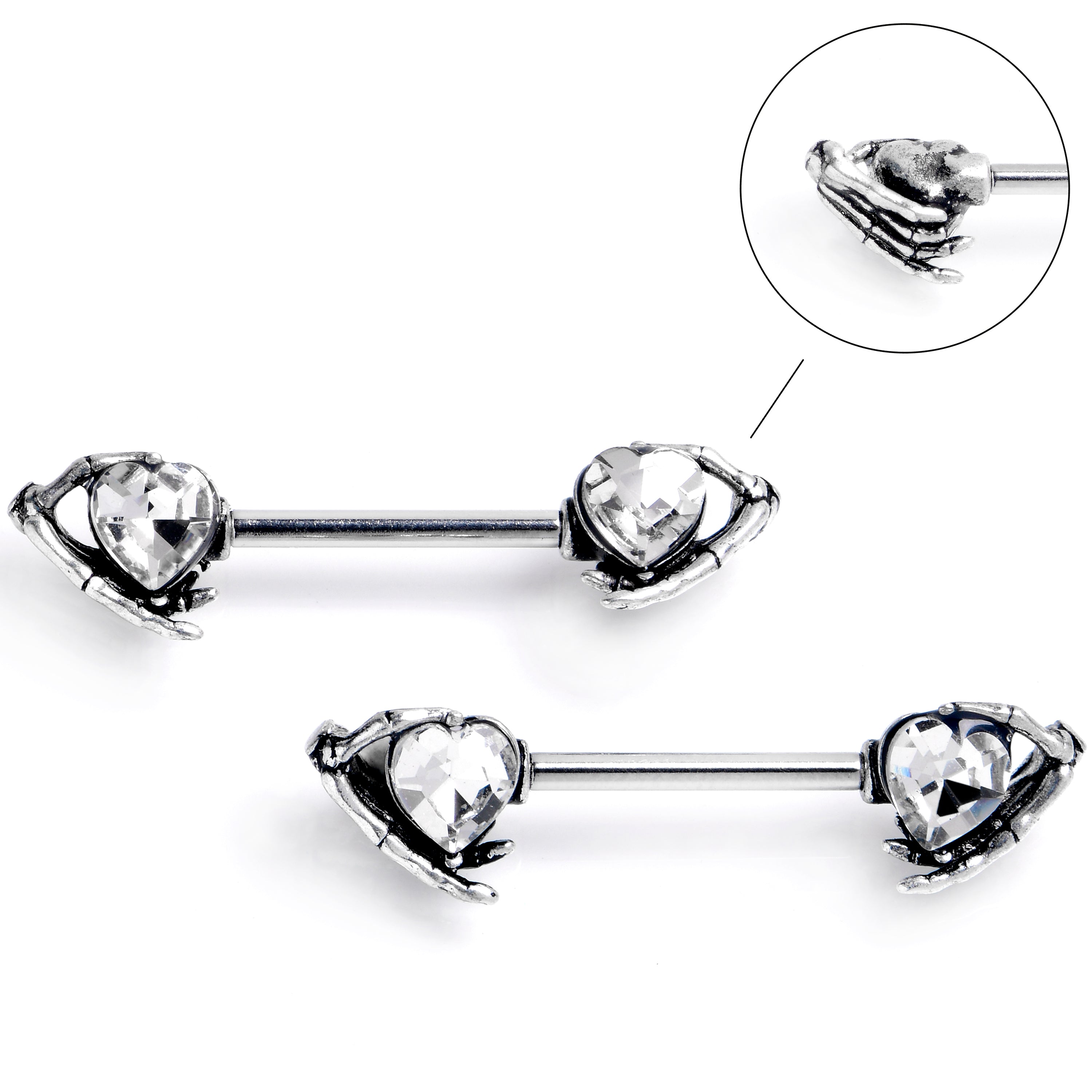 14G 9/16 Clear CZ Gem Heart Skeleton Hands Barbell Nipple Ring Set