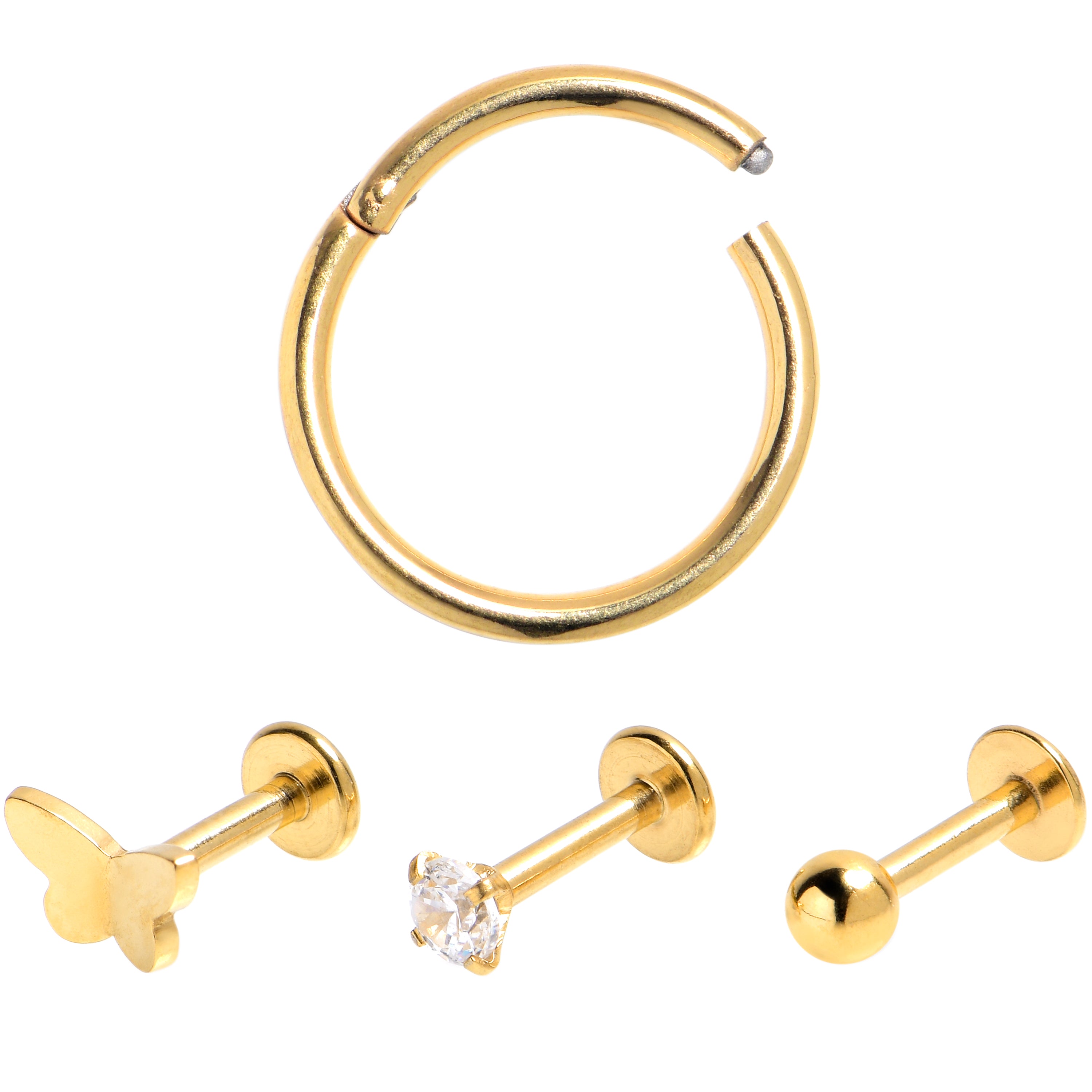 16 Gauge Clear Gem Gold Tone Simple Labret Segment Ring Curation Set of 4