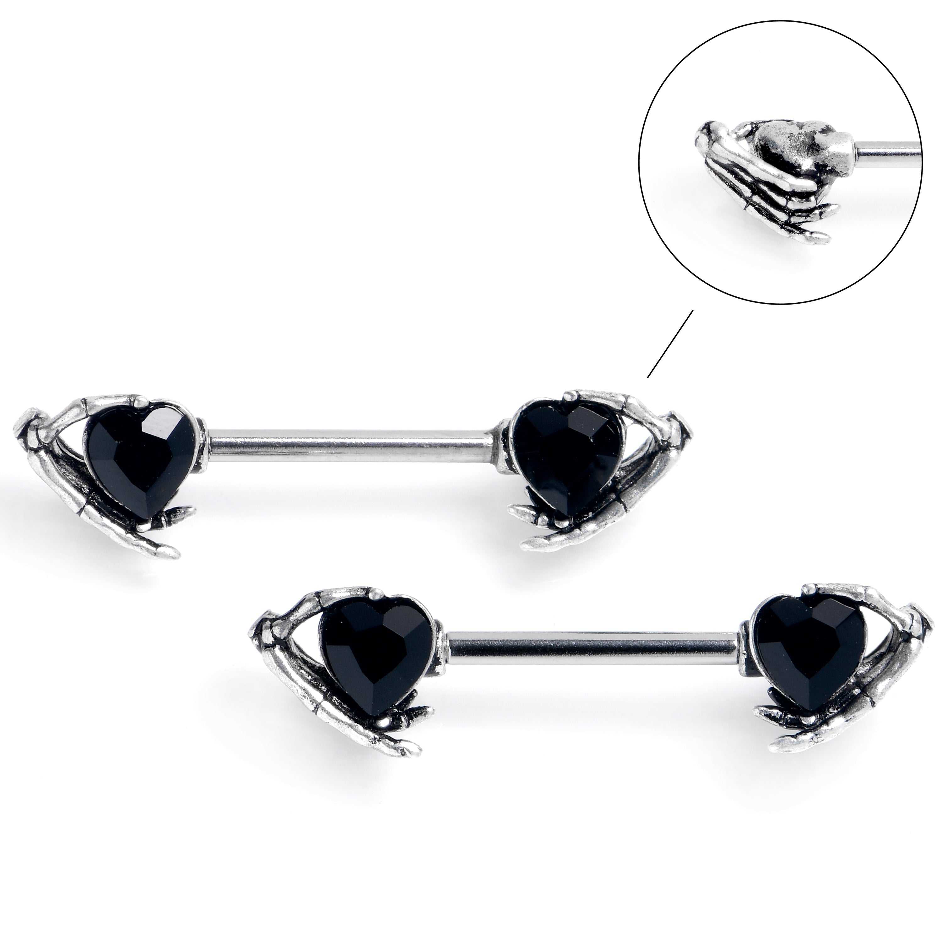 14G 9/16 Black CZ Gem Heart Skeleton Hands Barbell Nipple Ring Set