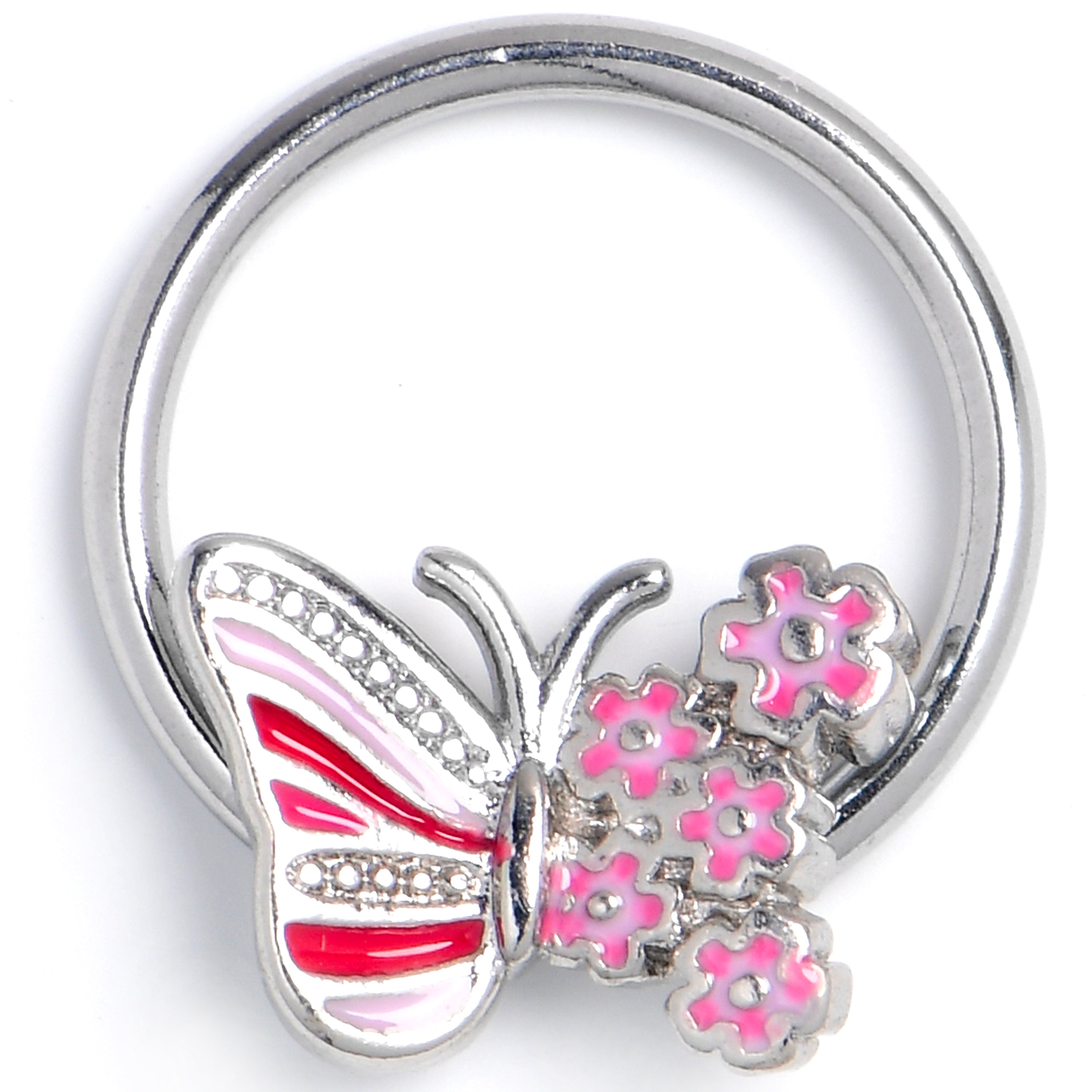 16G 3/8 Clear Gem Flowery Butterfly Pink BCR Captive Ring